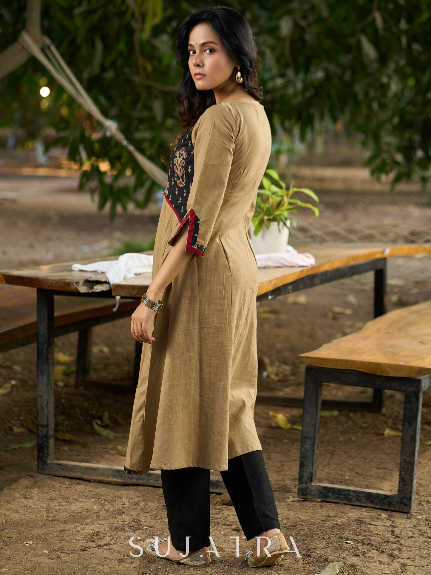 Timeless Beige Cotton Kurta Featuring Ajrakh Asymmetrical Yoke