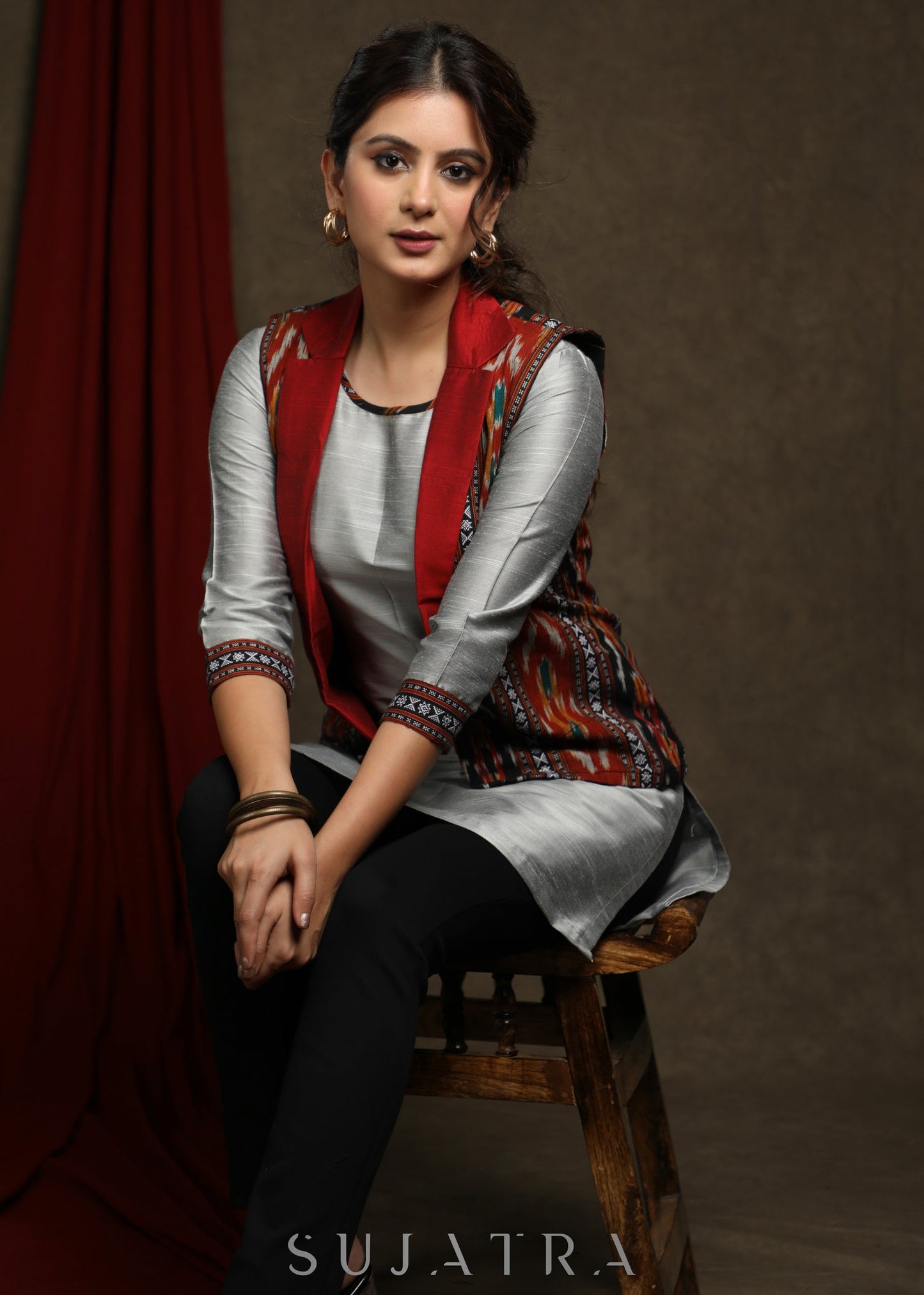 Exclusive Multi color Cotton Ikat Jacket- Grey Cotton silk Tunic Optional