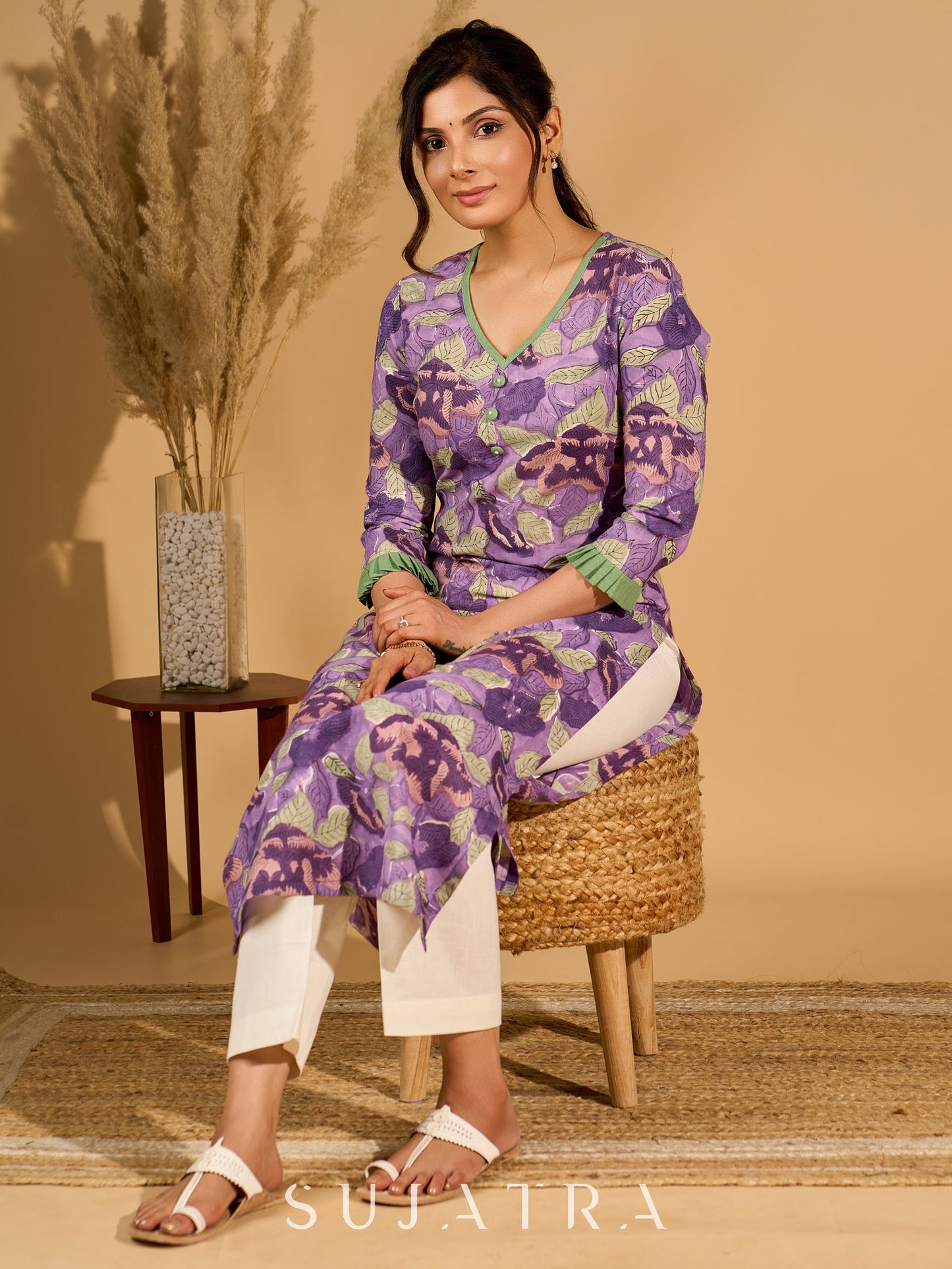 Lilac Grace Printed Mul Cotton Kurta with Contrast Green Touches