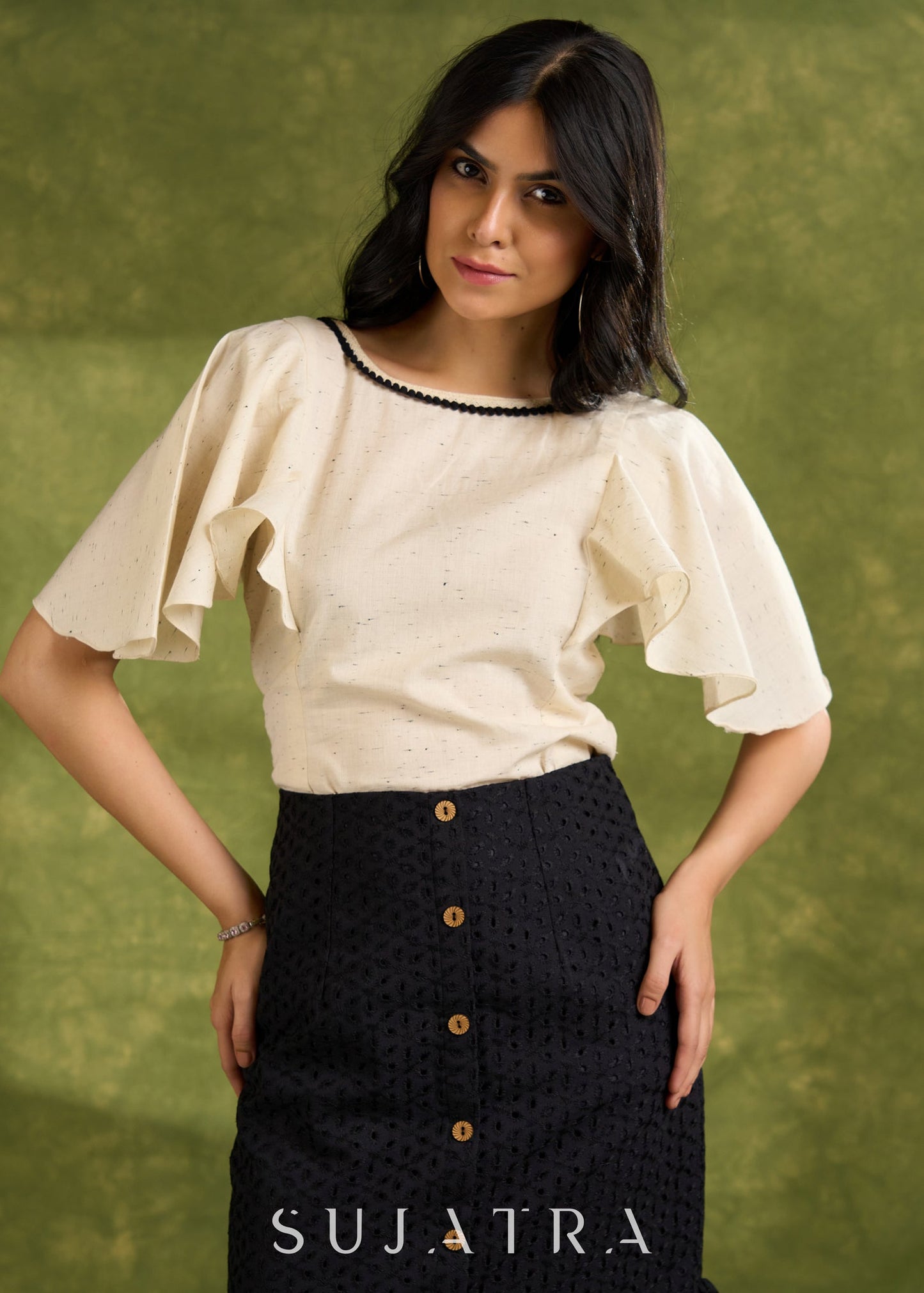 Textured Off White Cotton Top With Butterfly Sleeves - Hakoba Skirt Optional