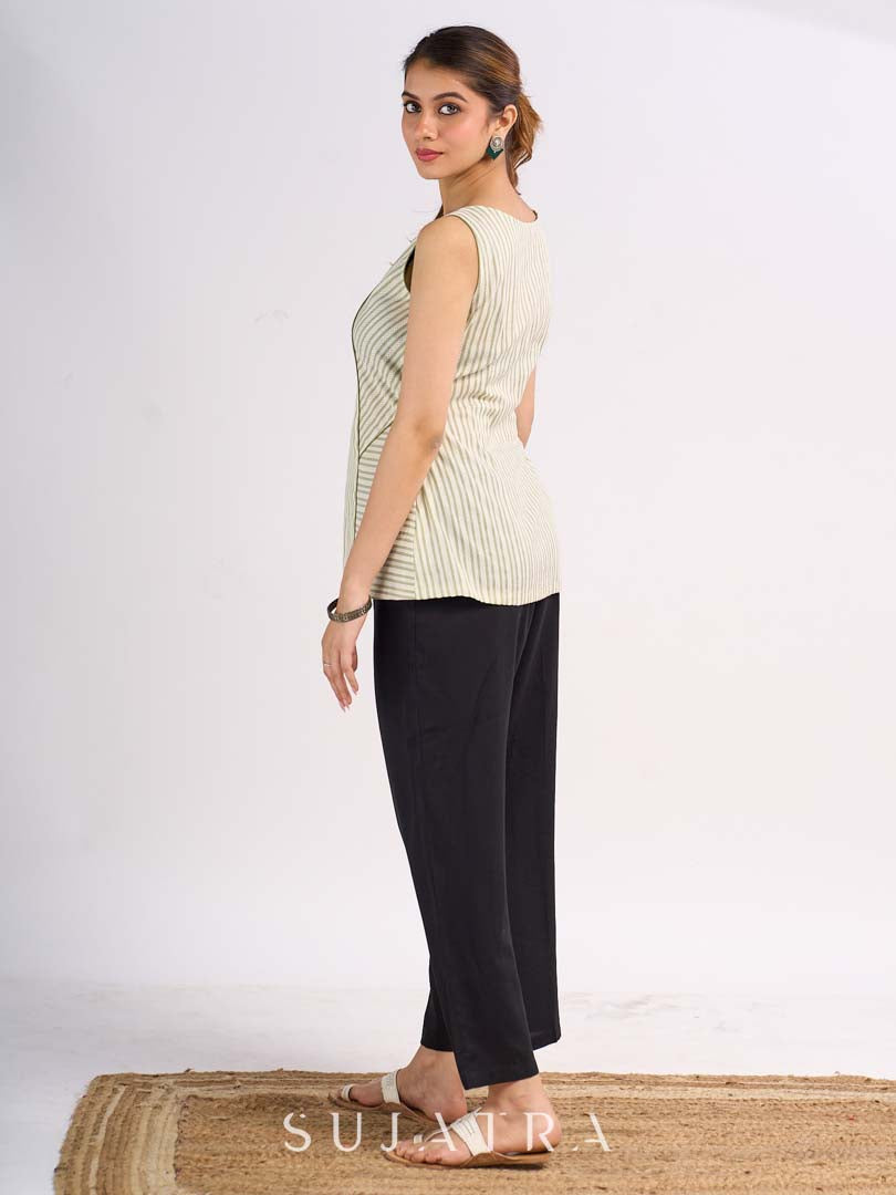 Olive Green Cotton Panelled Top with Contrast Stripe Placement