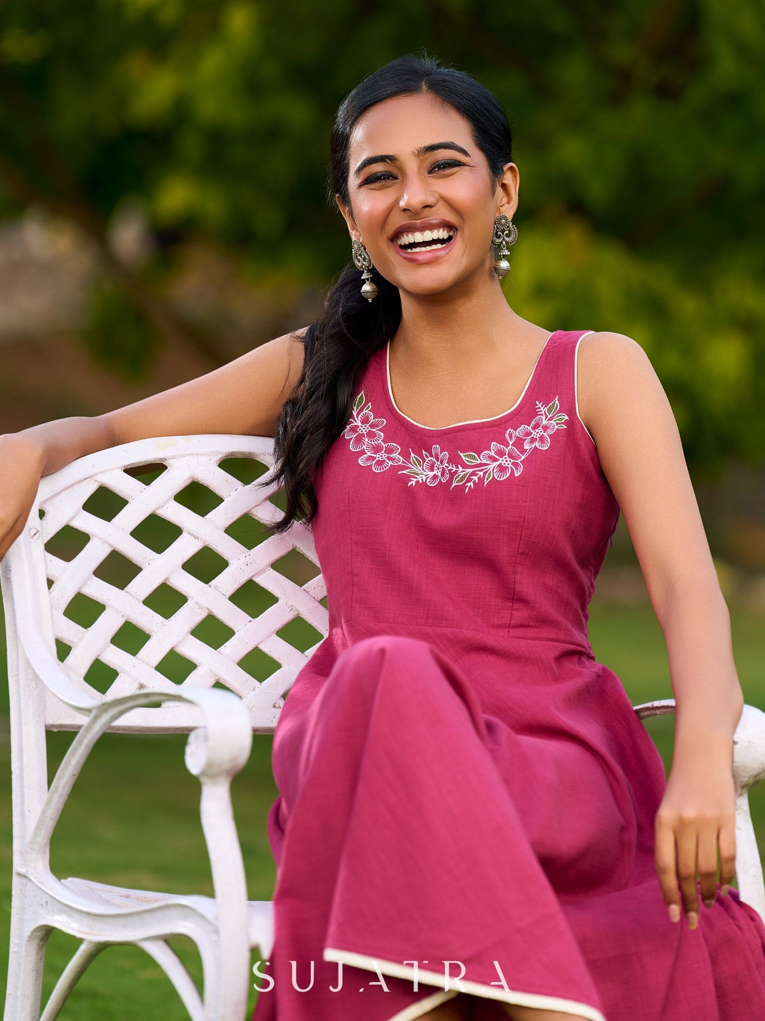 Charming Magenta Cotton Dress with Flared Hem, Ivory Highlights, and H SujatraCA Charming Magenta Cotton Dress with Flared Hem, Ivory Highlights, and H SujatraCA