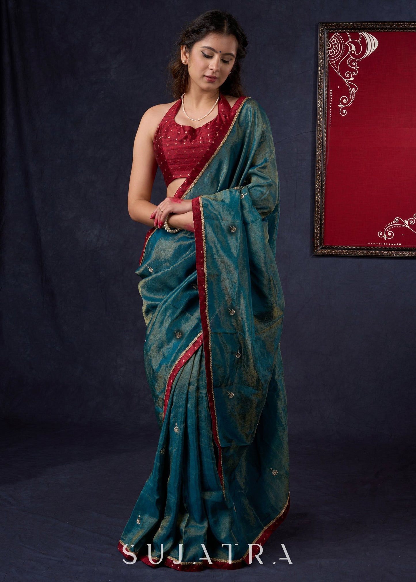 Exclusive Tissue saree with Golden Butta Work All-over Highlighted with Maroon Detailing
