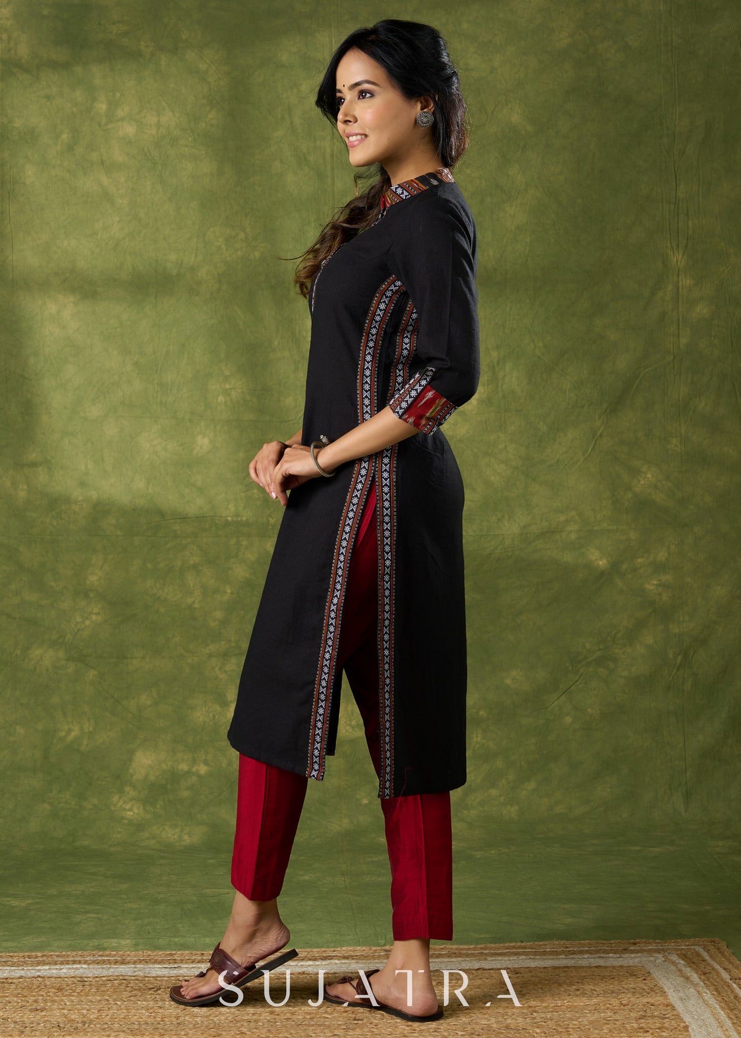 Beautifully Combined Black Cotton Ikat Kurta - Pant Optional