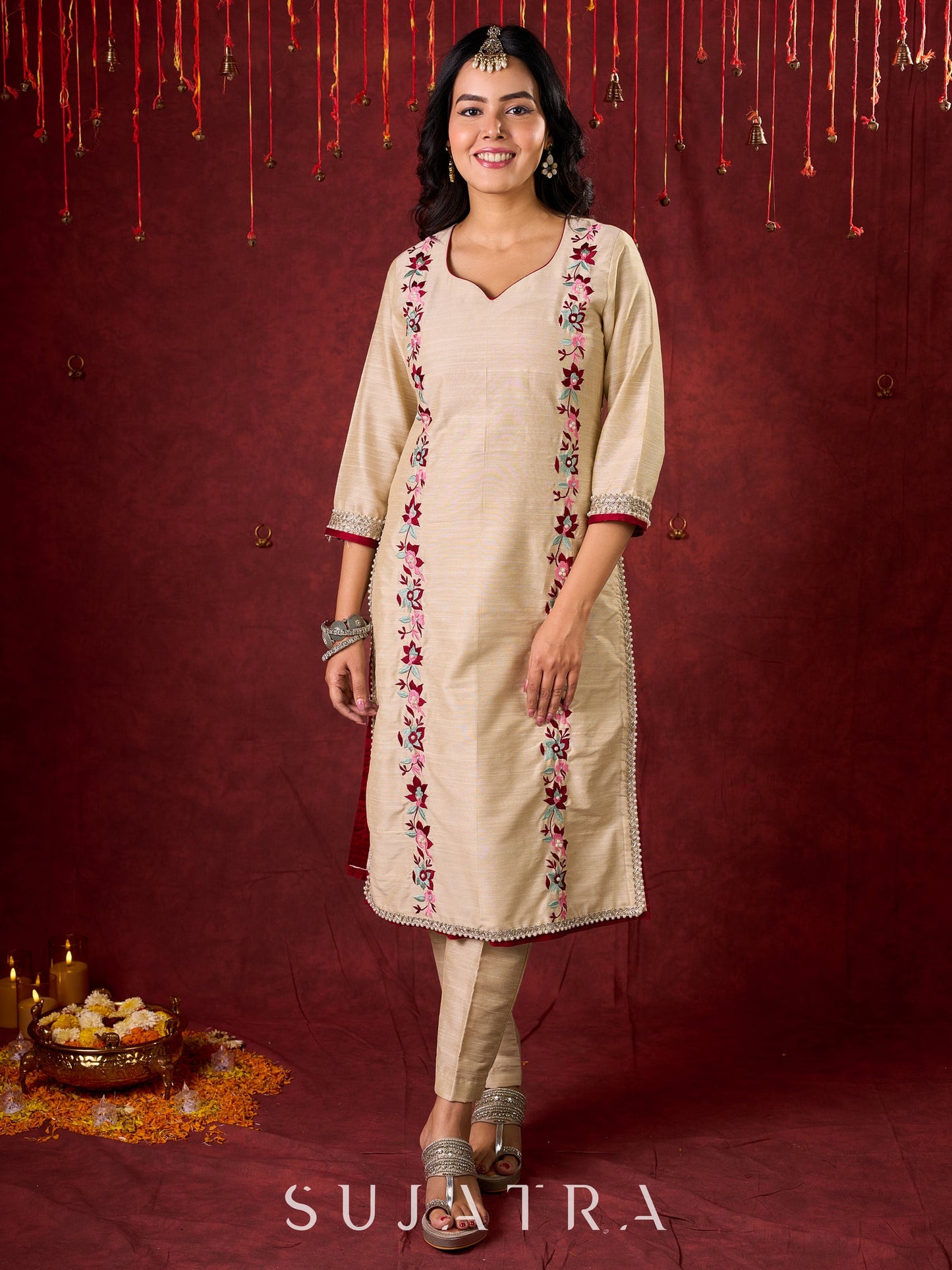 Ivory Cotton Silk Kurta with Floral Embroidery & Pearl Lace Accents
