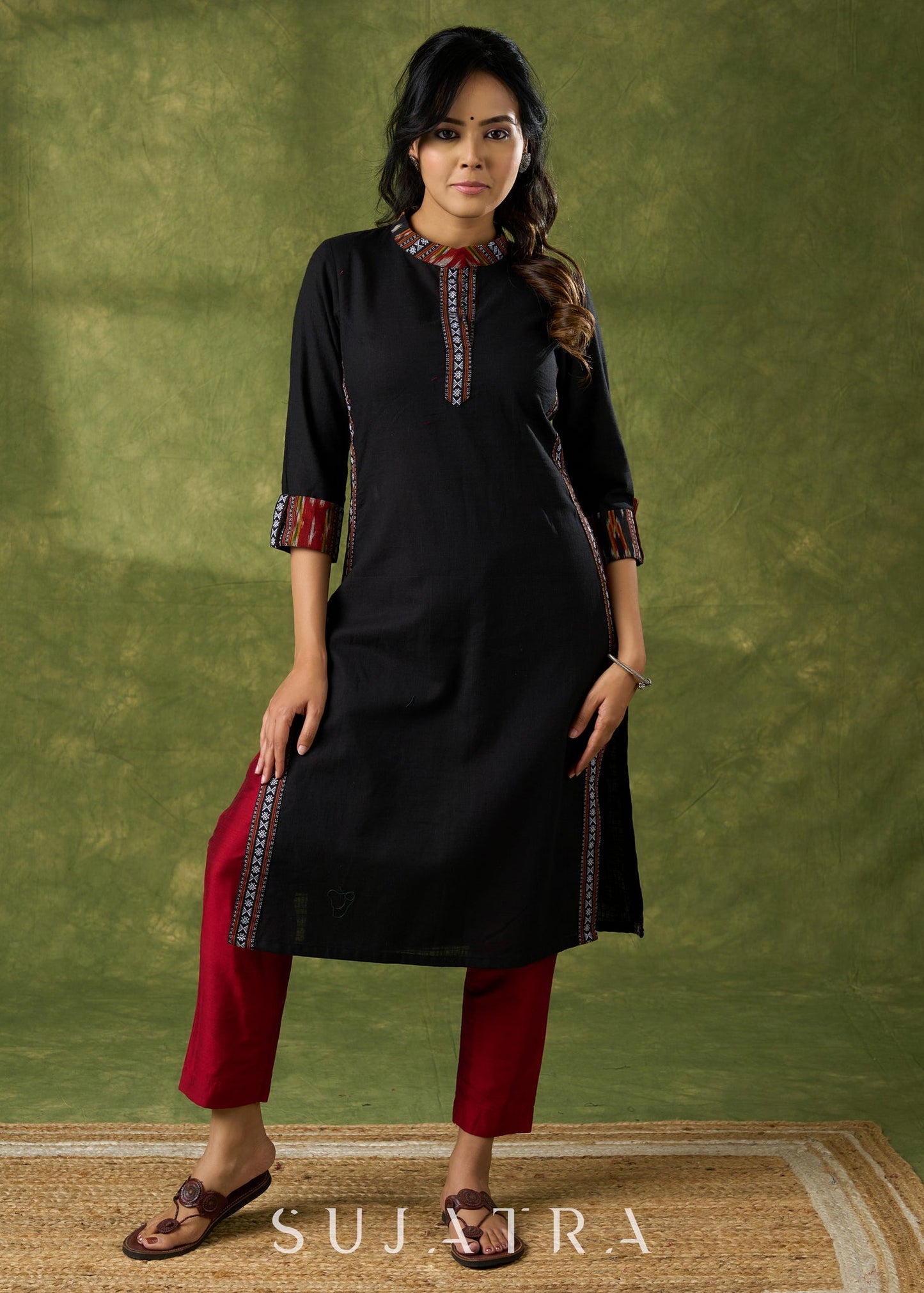 Beautifully Combined Black Cotton Ikat Kurta - Pant Optional