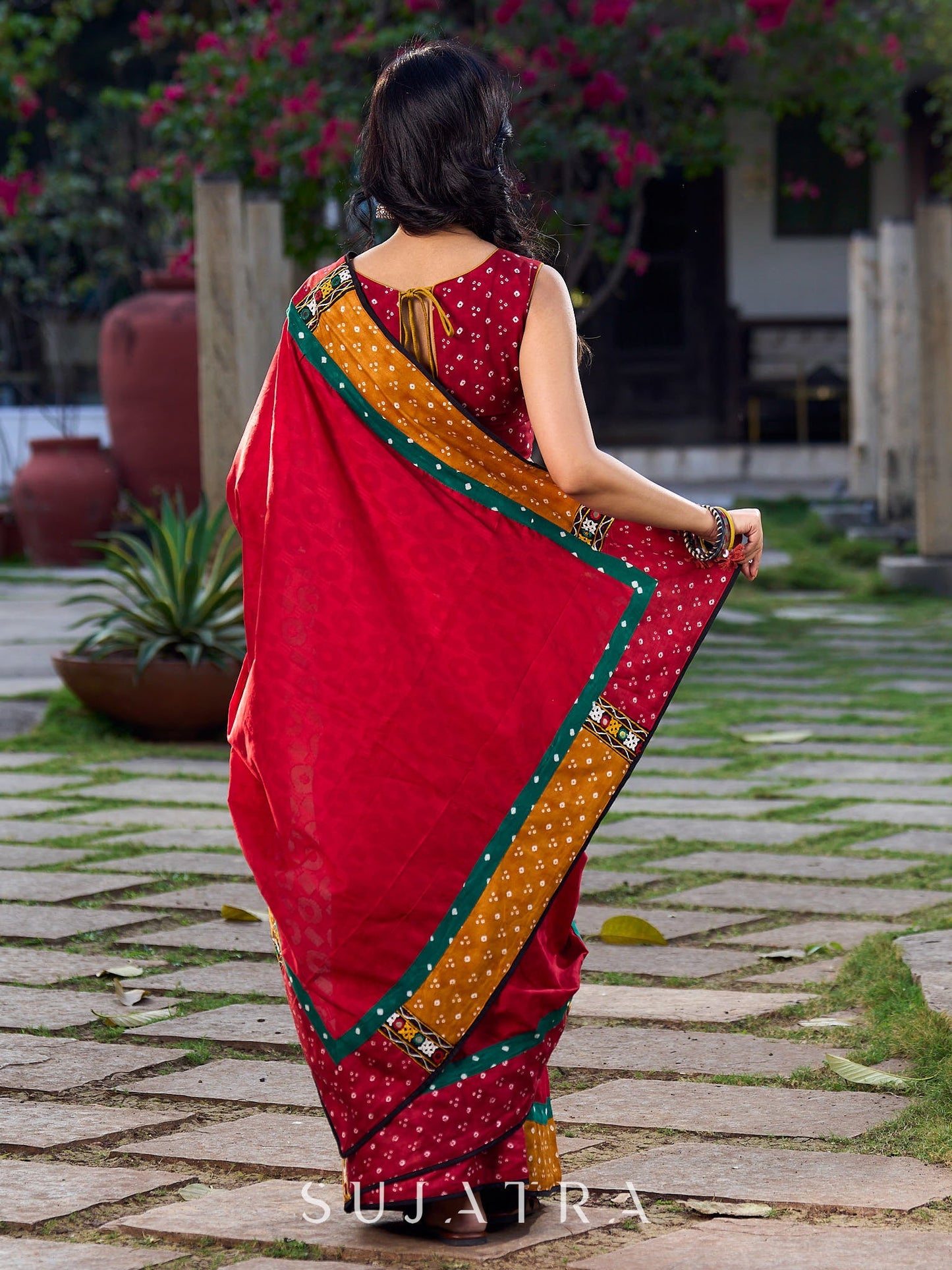 Crimson Cotton Jacquard Saree with Mustard & Red Bandhani Accents