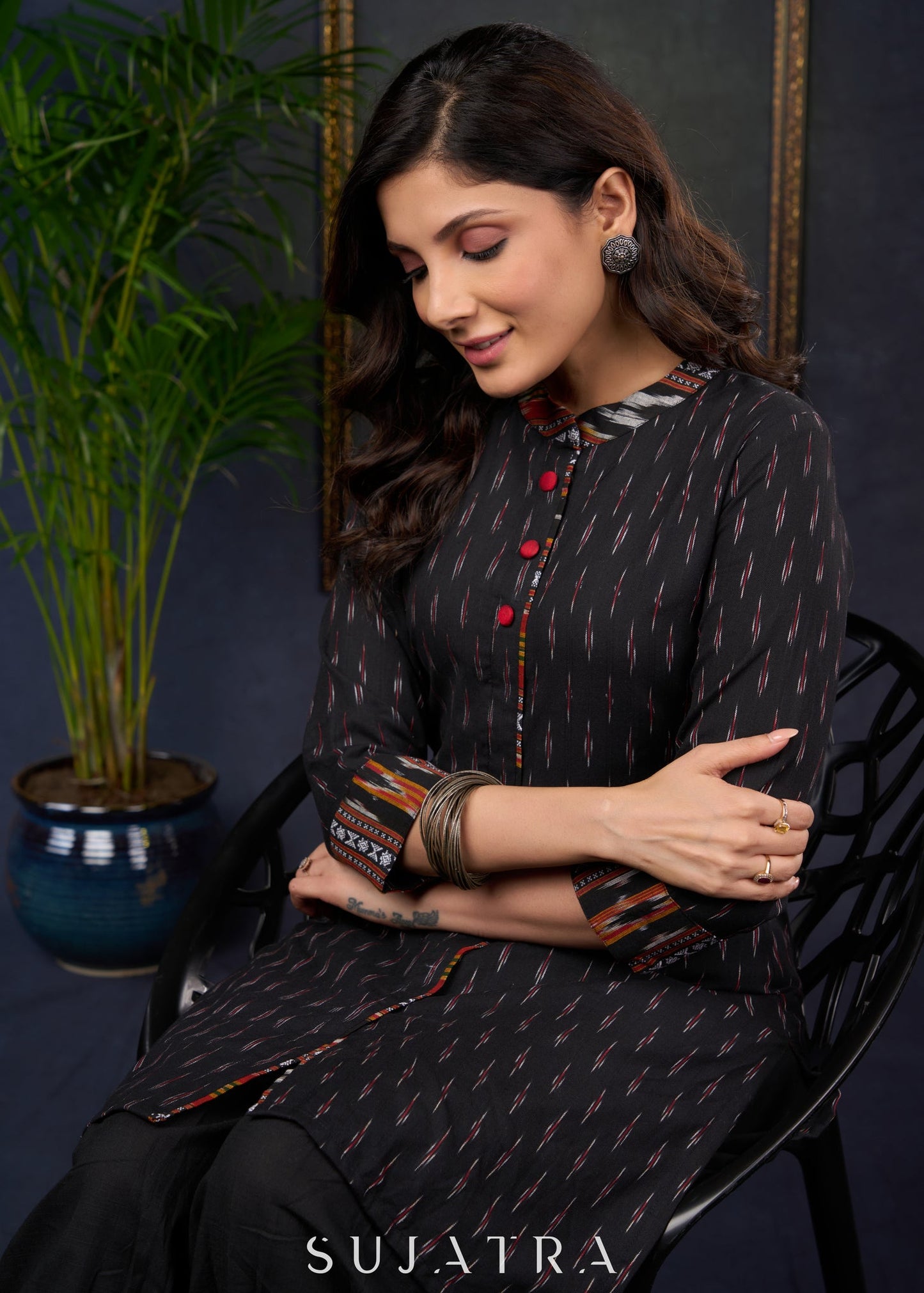 Stylish Black Cotton Ikat Tunic With Intricate Patterns - Pant Optional
