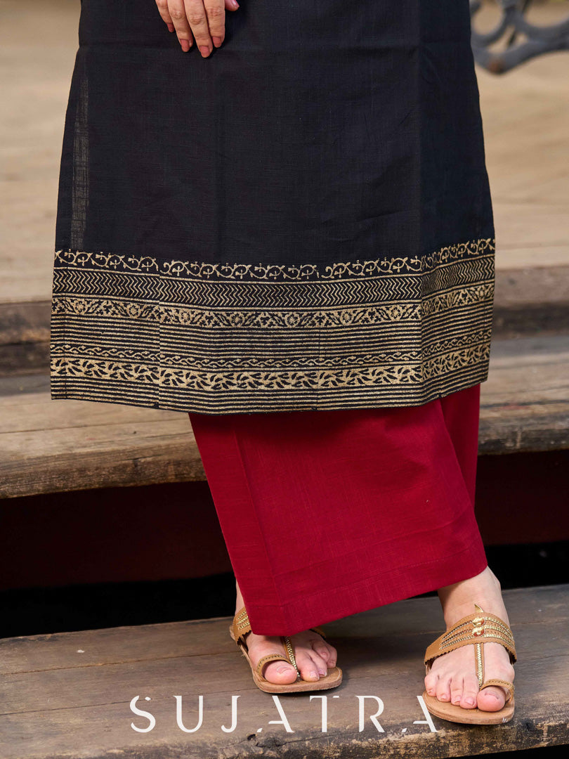Black Cotton Kurta With Hand Block Printed Golden Border On Flare And Sleeves