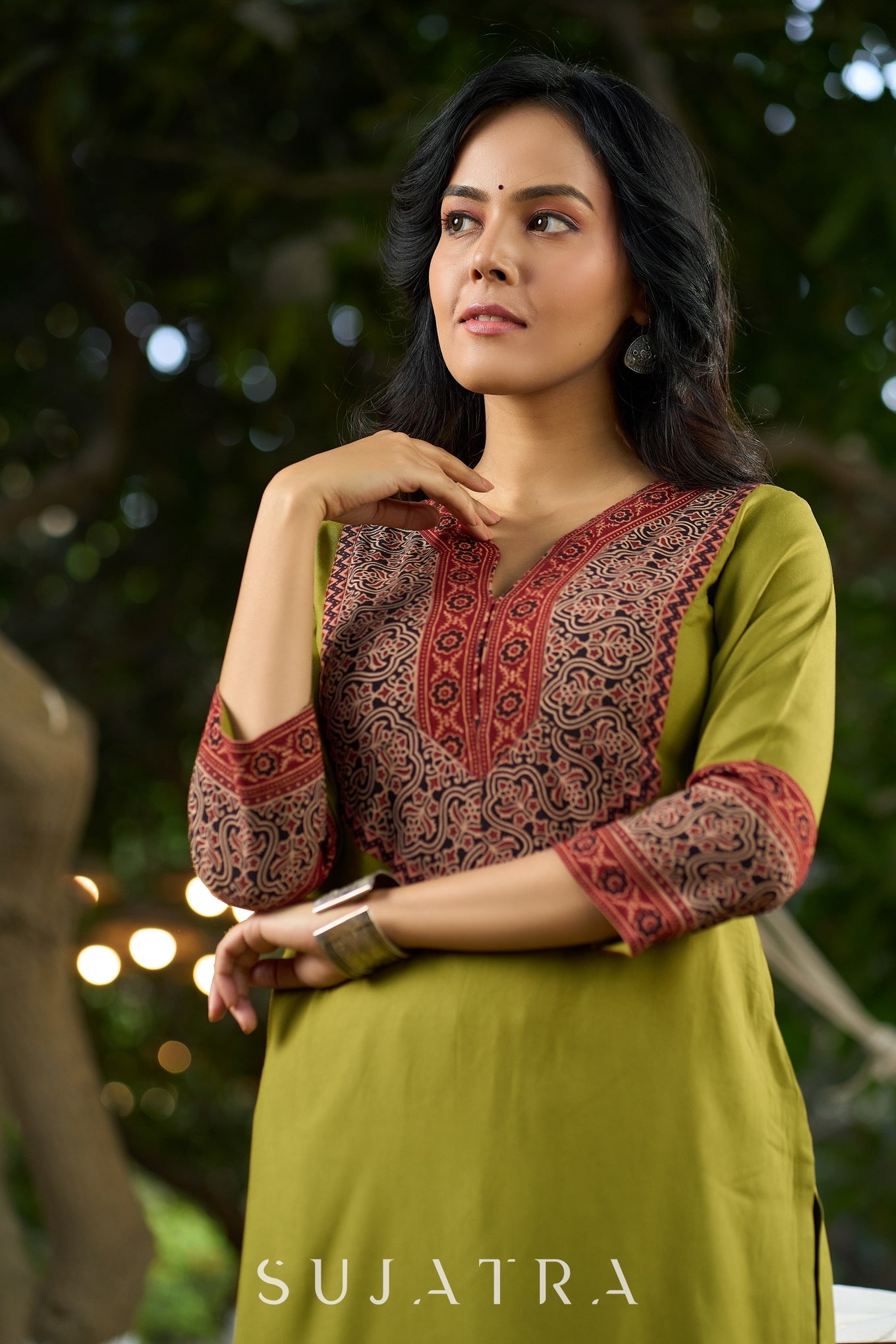 Chic Olive Green Rayon Kurta with Ajrakh Yoke and Sleeves