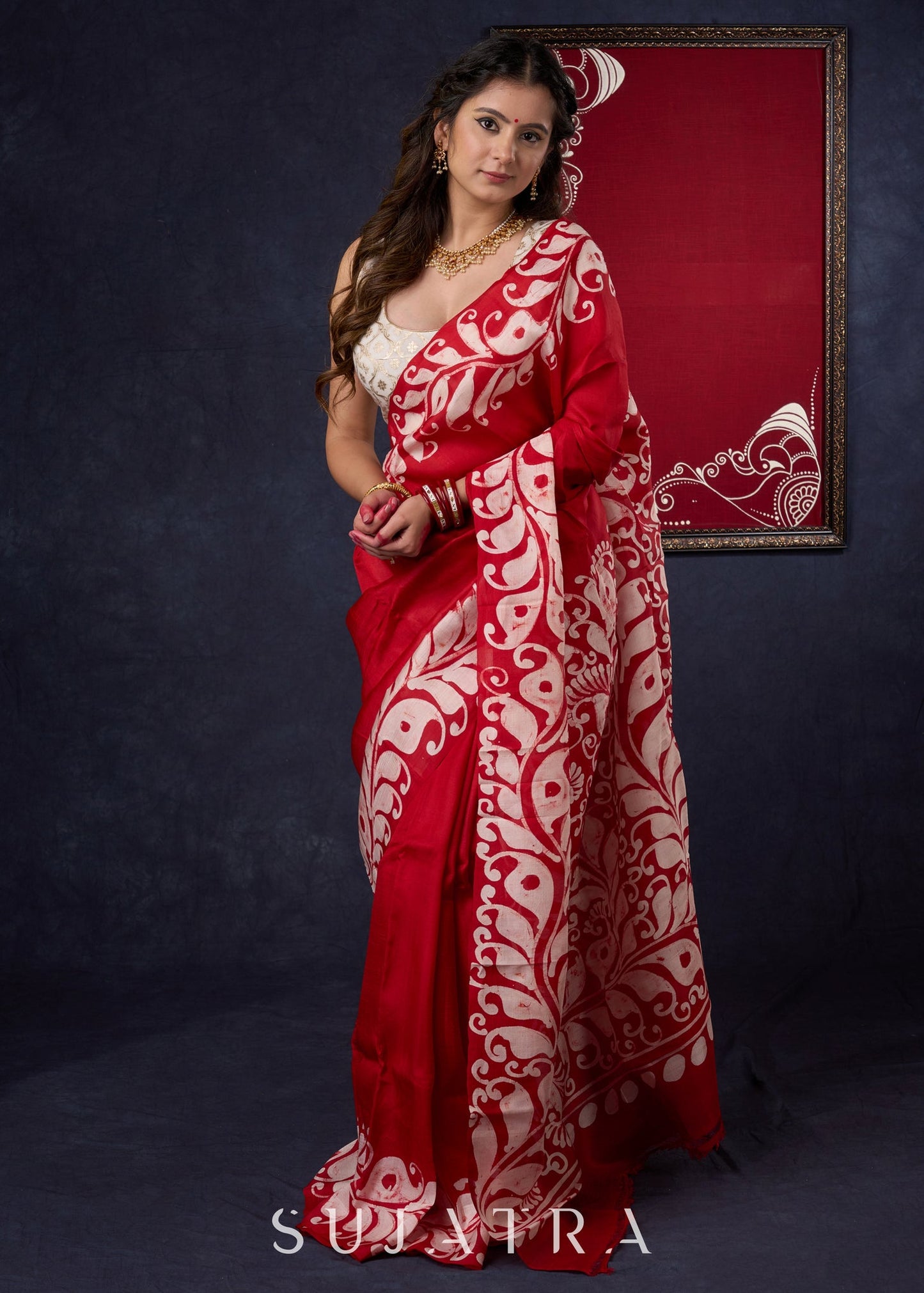 Classy Pure Silk Red saree with Hand Batik Alpana design