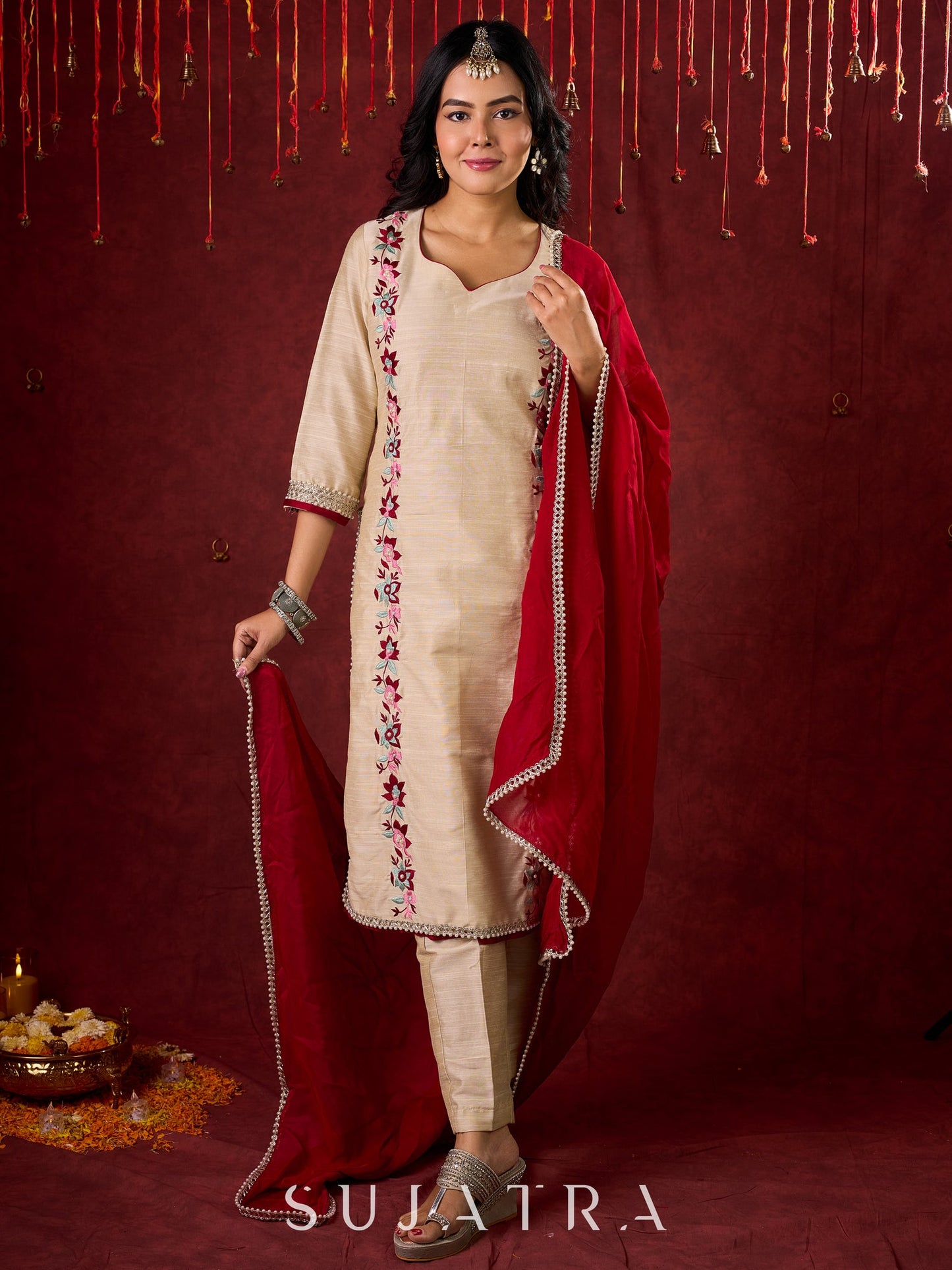 Ivory Cotton Silk Kurta with Floral Embroidery & Pearl Lace Accents