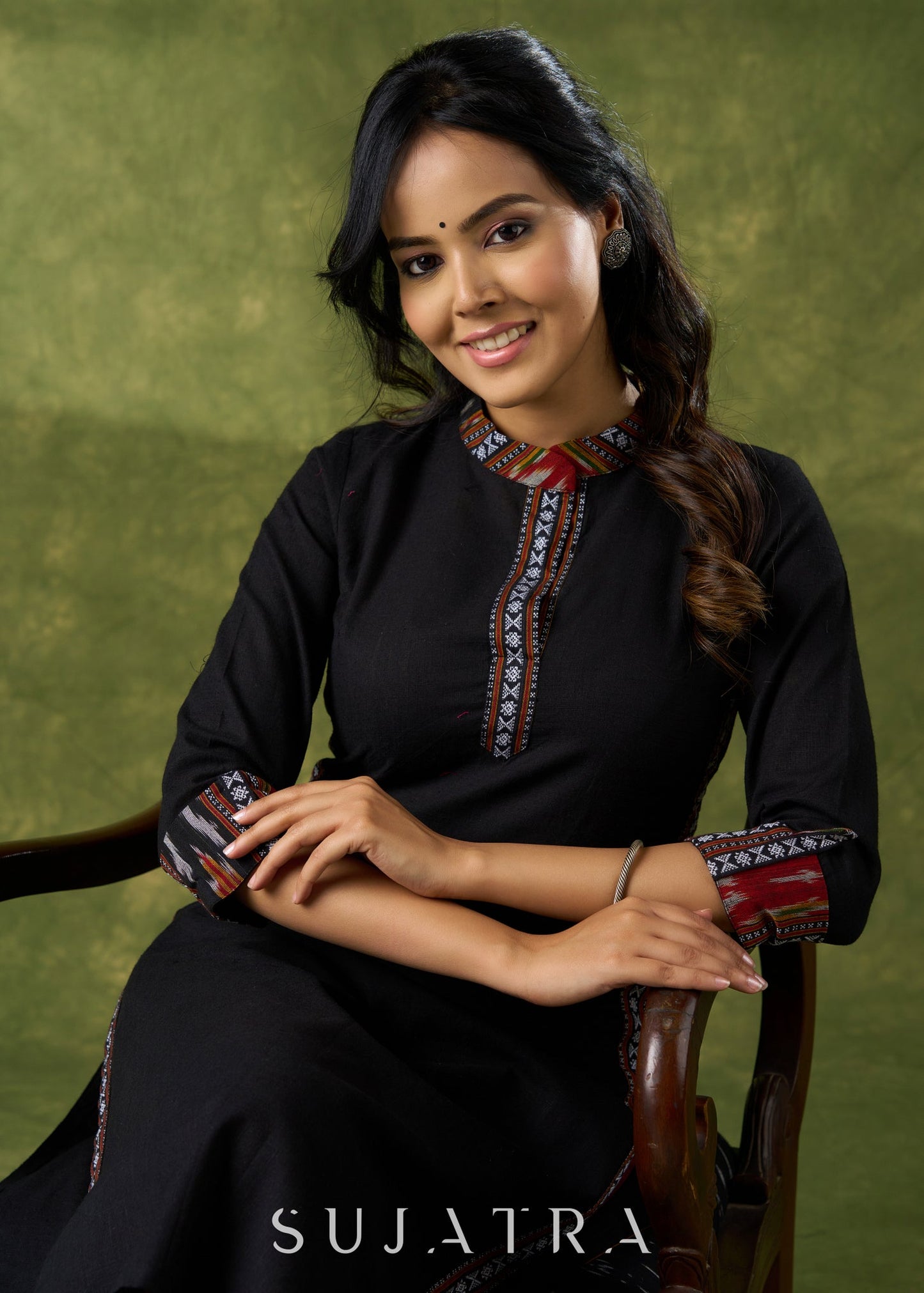 Beautifully Combined Black Cotton Ikat Kurta - Pant Optional