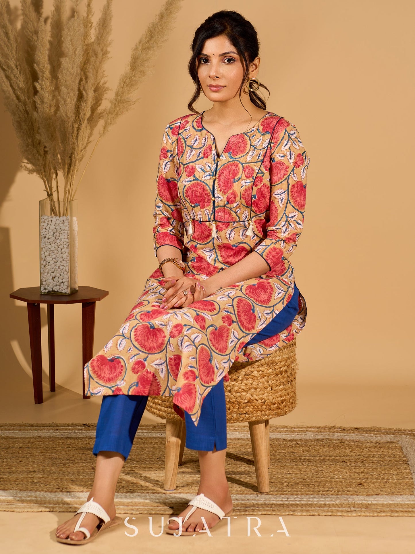 Classic Cream Mul Cotton Printed Kurta with Playful Tassels and Piping