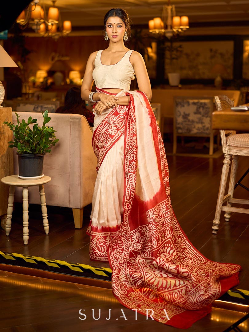 Sari en pure soie ivoire fait main avec imprimé Kalamkari rouge et effet ombré