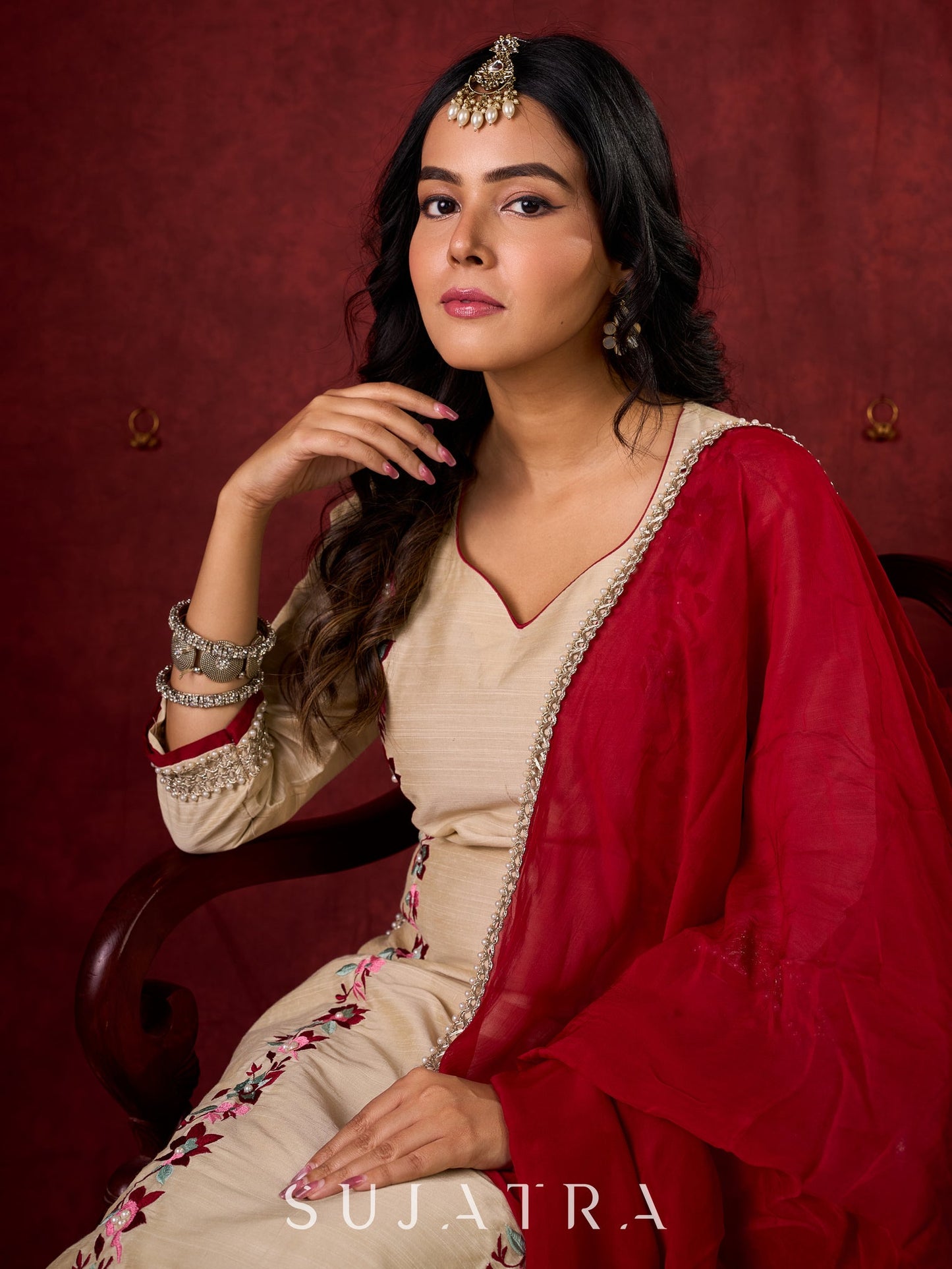 Ivory Cotton Silk Kurta with Floral Embroidery & Pearl Lace Accents