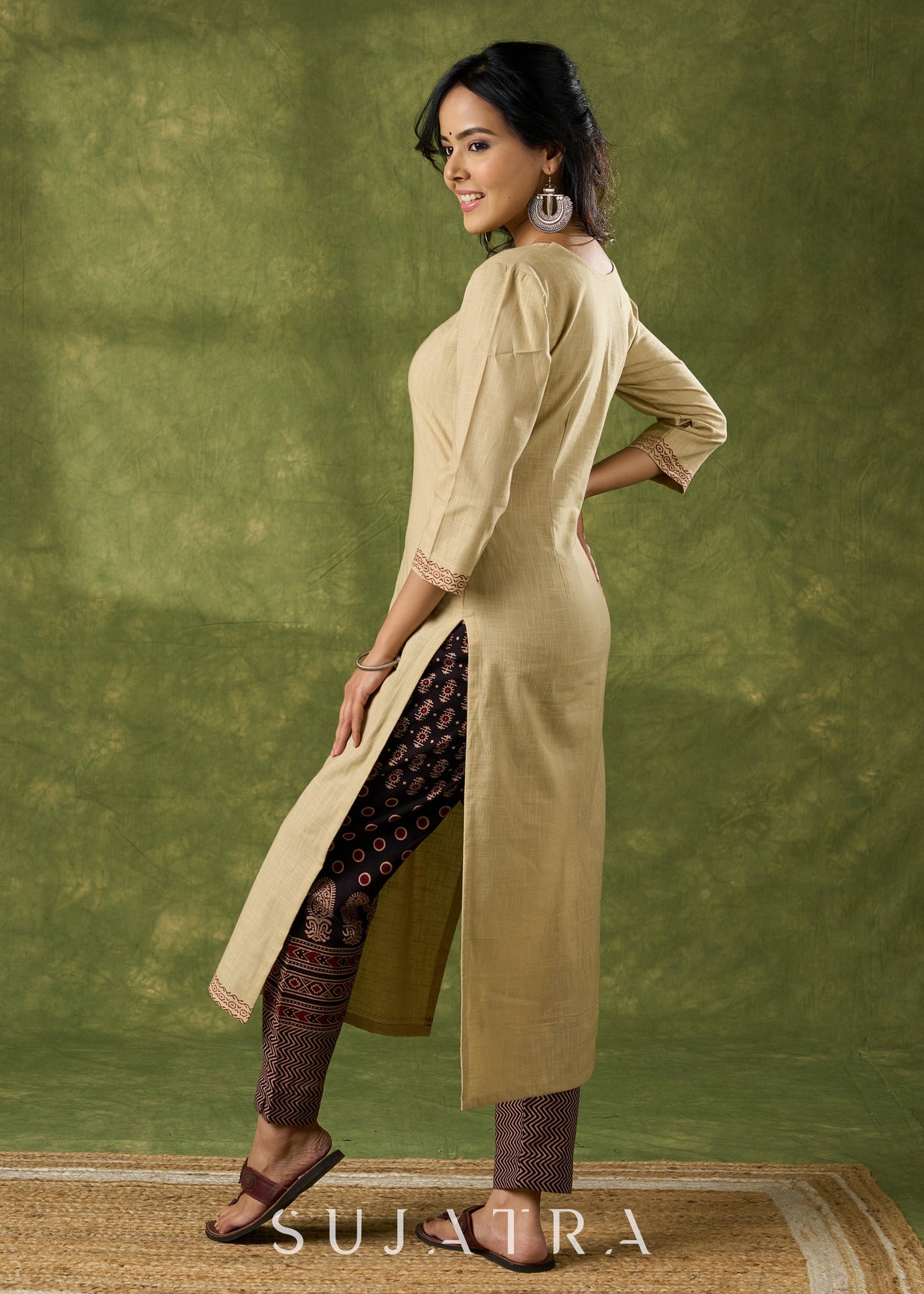 Classy Hand Block Printed Cotton Beige Kurta - Pant Optional