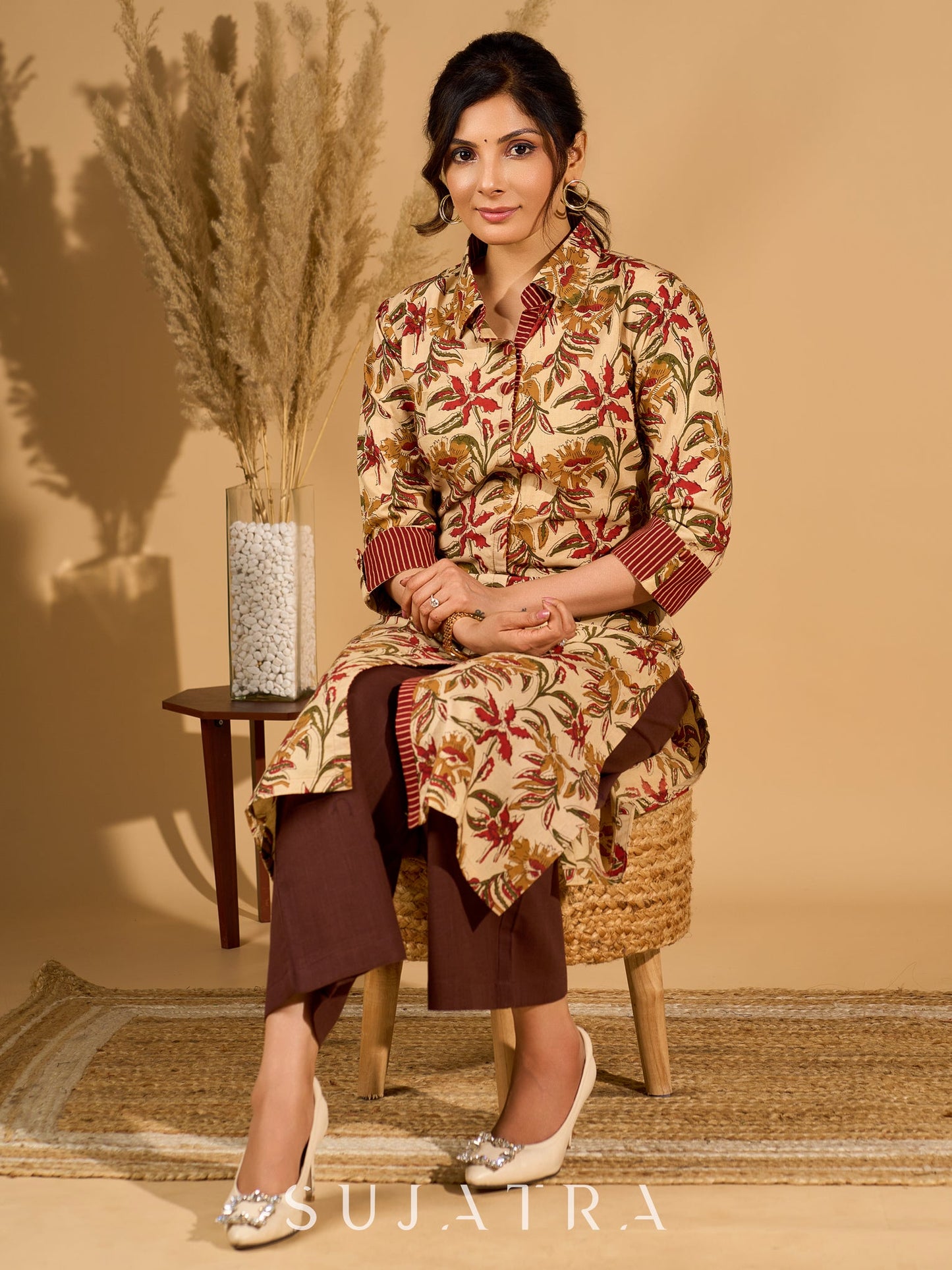Blissful Beige Mul Cotton Floral Printed Kurta with Contrast Ajrakh Accents