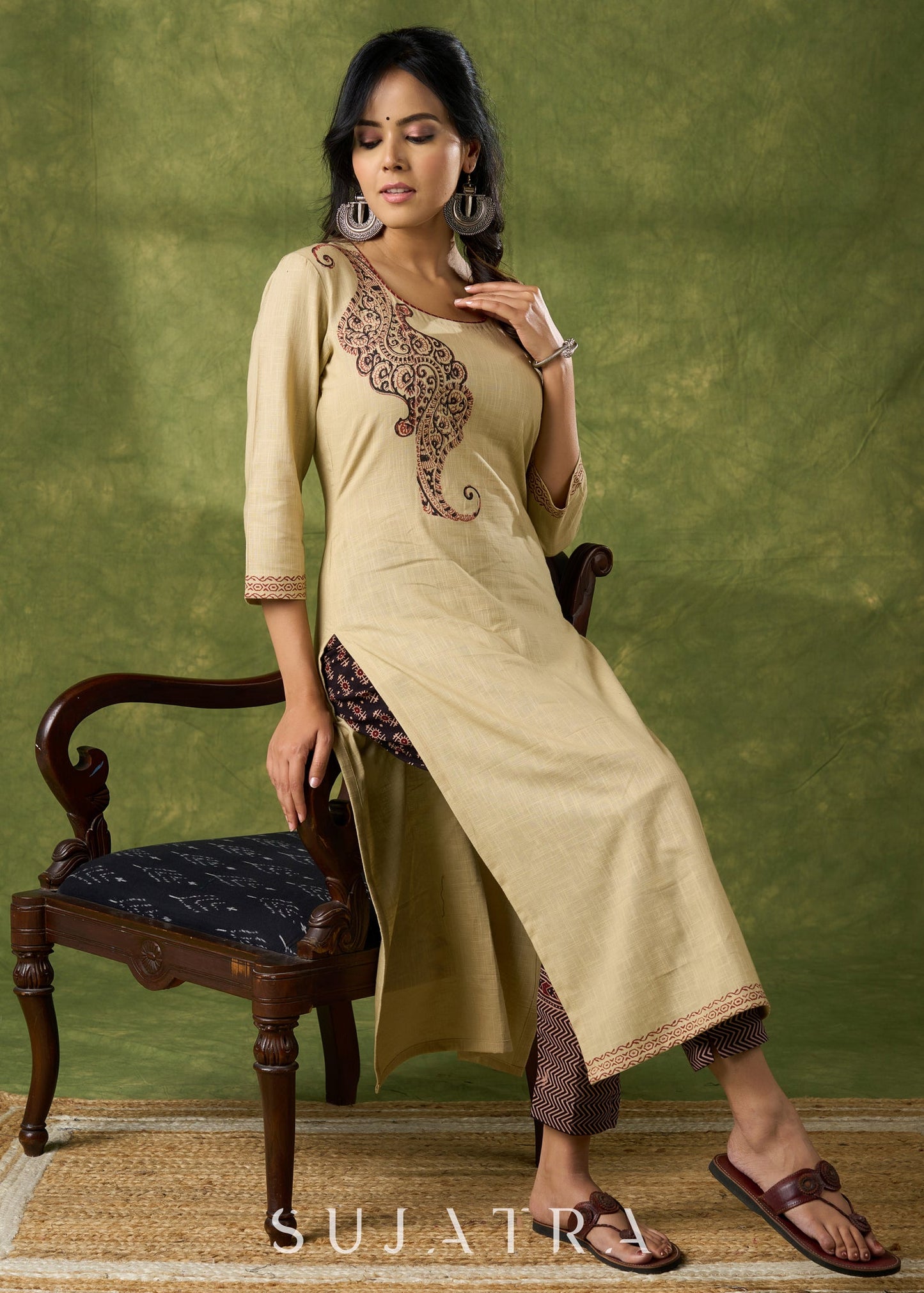 Classy Hand Block Printed Cotton Beige Kurta - Pant Optional