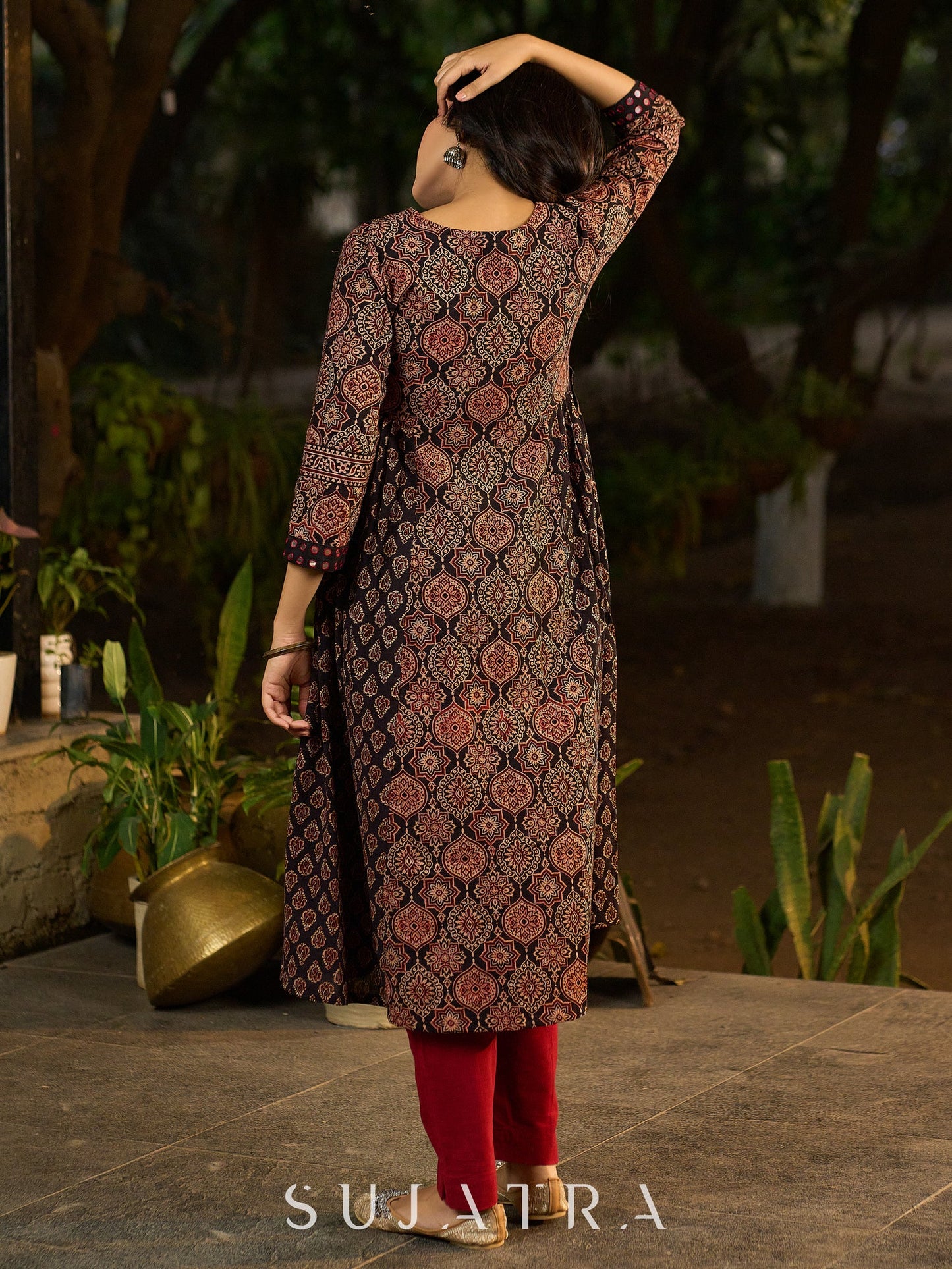 Black Ajrakh Kurta Adorned with Side Gathers and Delicate Mirror Highlights