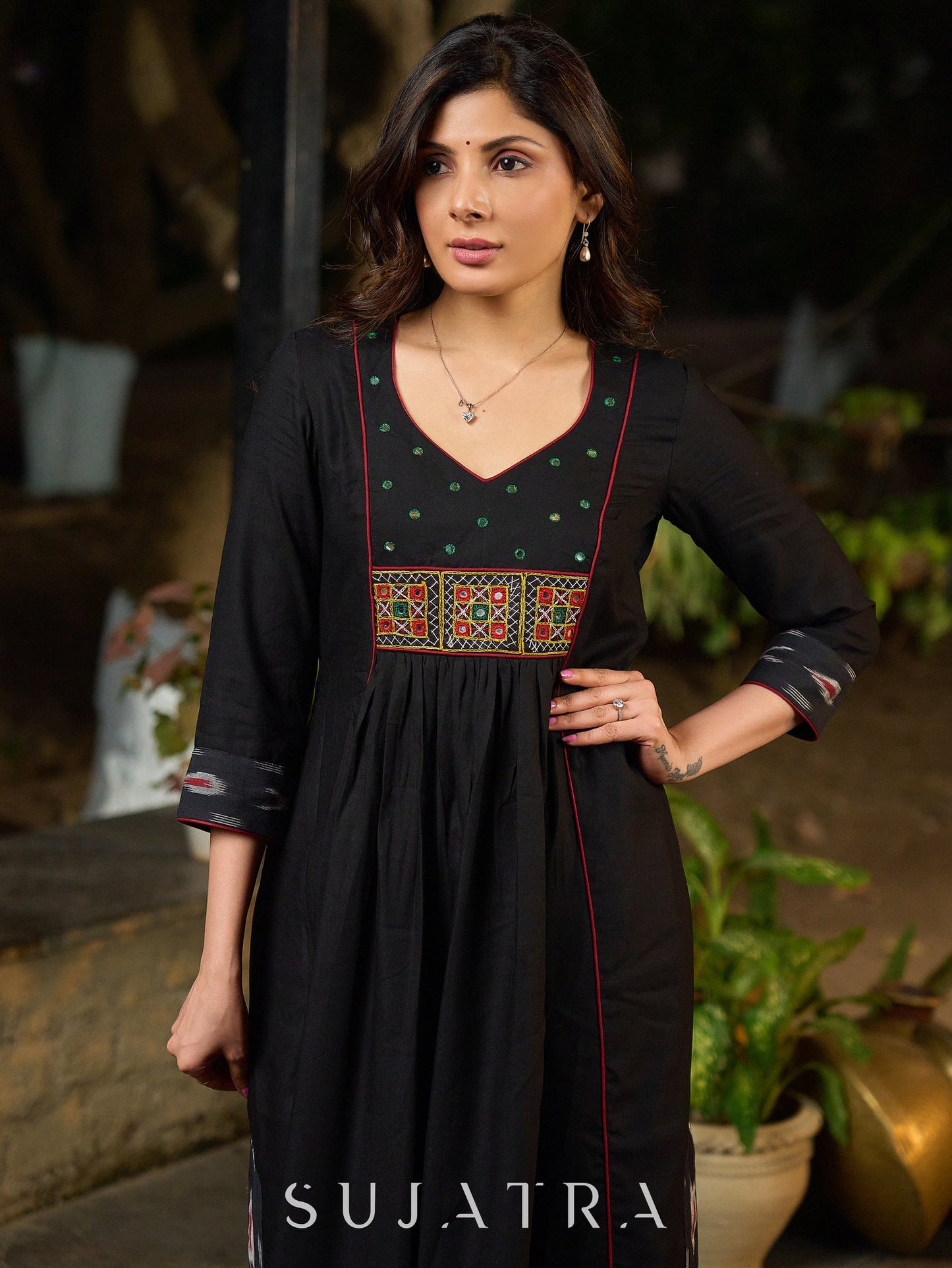 Black Cotton Panel Kurta with Ikat Accents in Sleeves and Flare, Embellished with Delicate Mirrors
