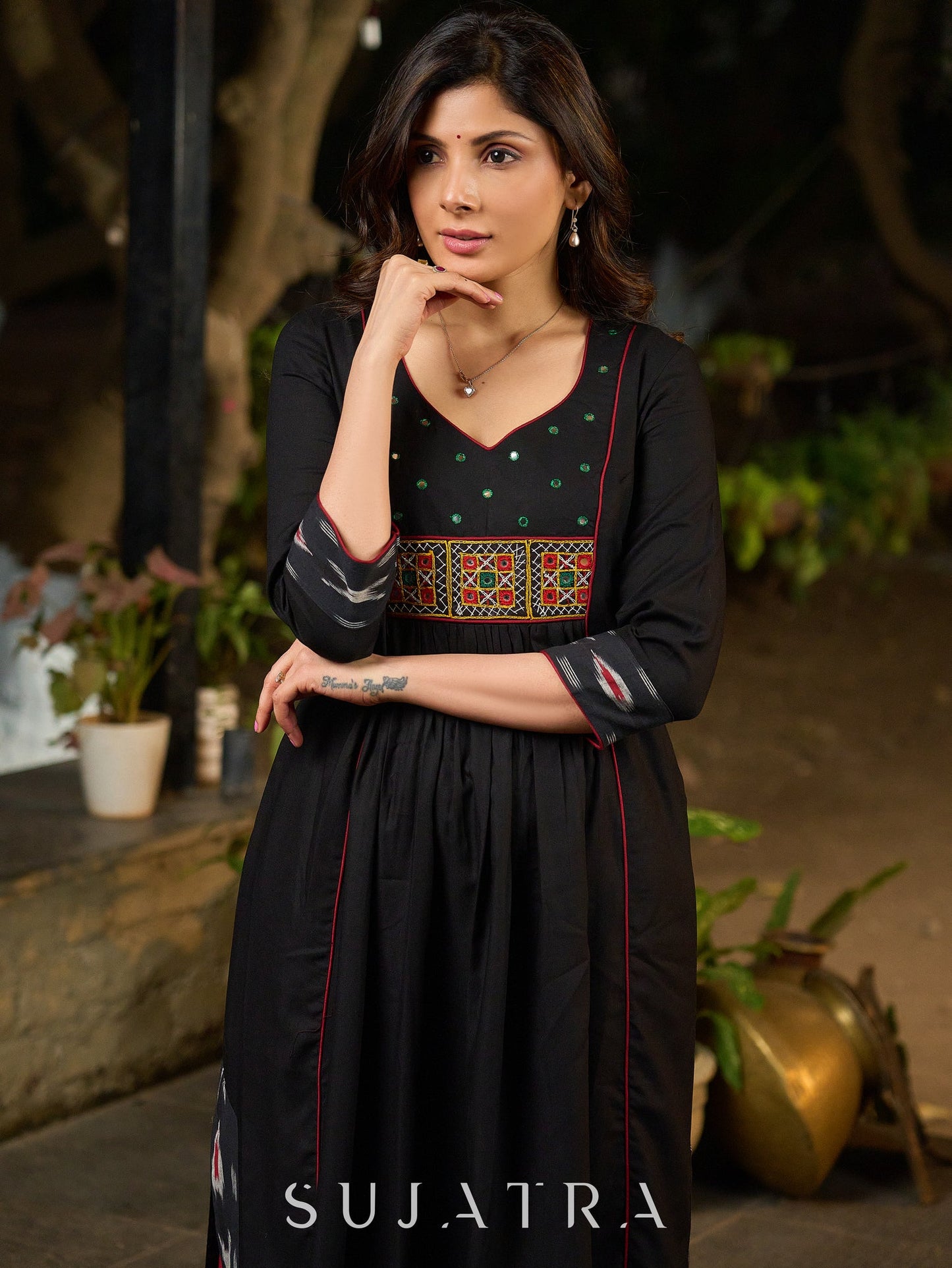 Black Cotton Panel Kurta with Ikat Accents in Sleeves and Flare, Embellished with Delicate Mirrors