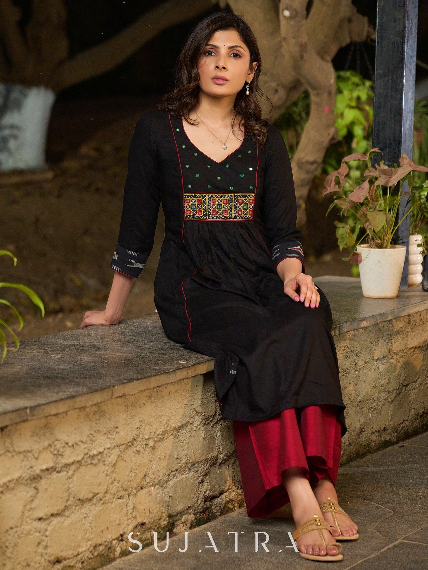 Black Cotton Panel Kurta with Ikat Accents in Sleeves and Flare, Embellished with Delicate Mirrors