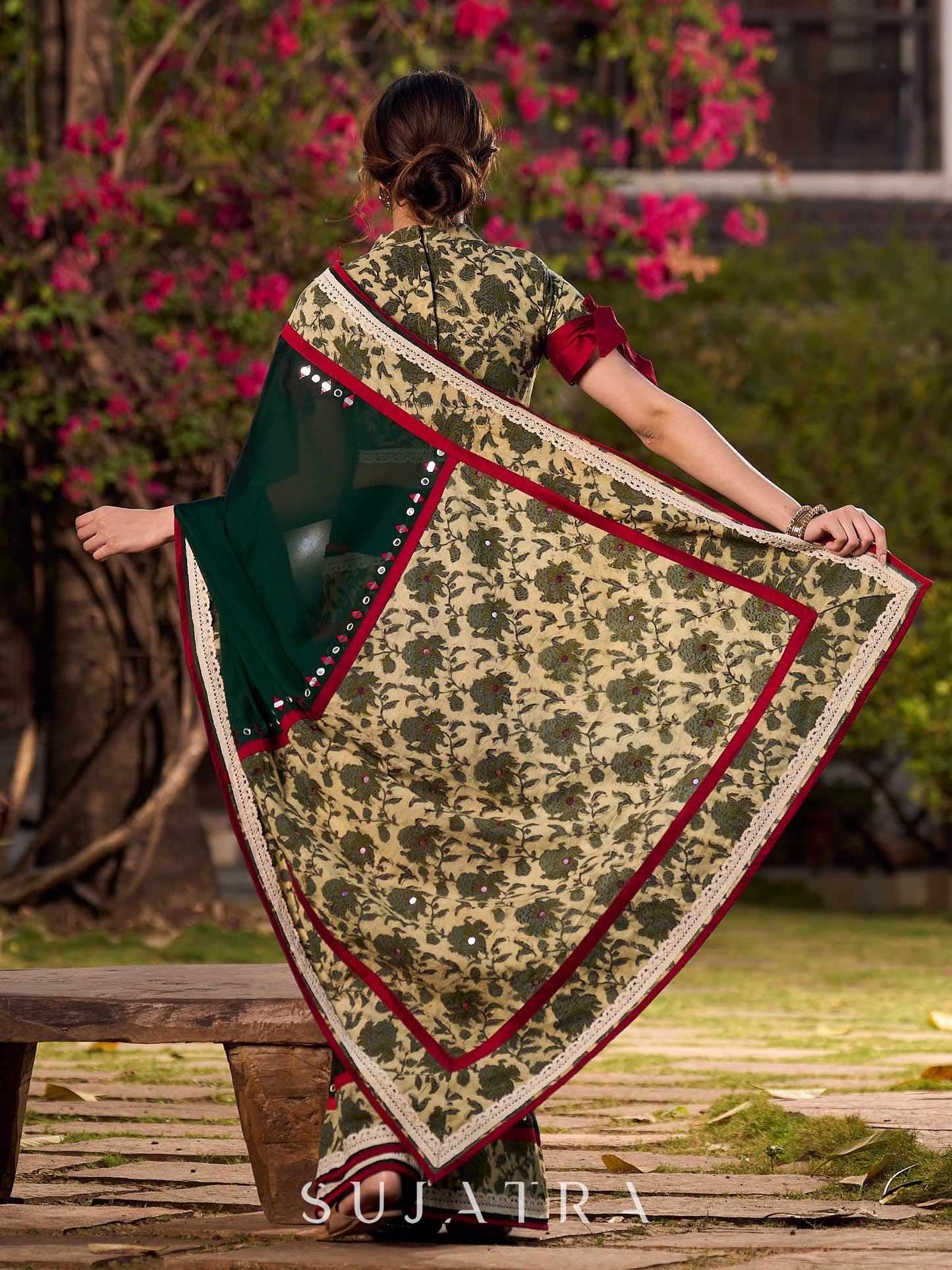 Lustrous Dark Green Silk Saree with Natural Floral Print Border