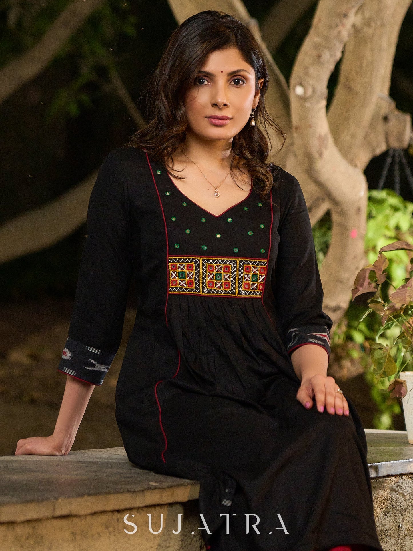 Black Cotton Panel Kurta with Ikat Accents in Sleeves and Flare, Embellished with Delicate Mirrors