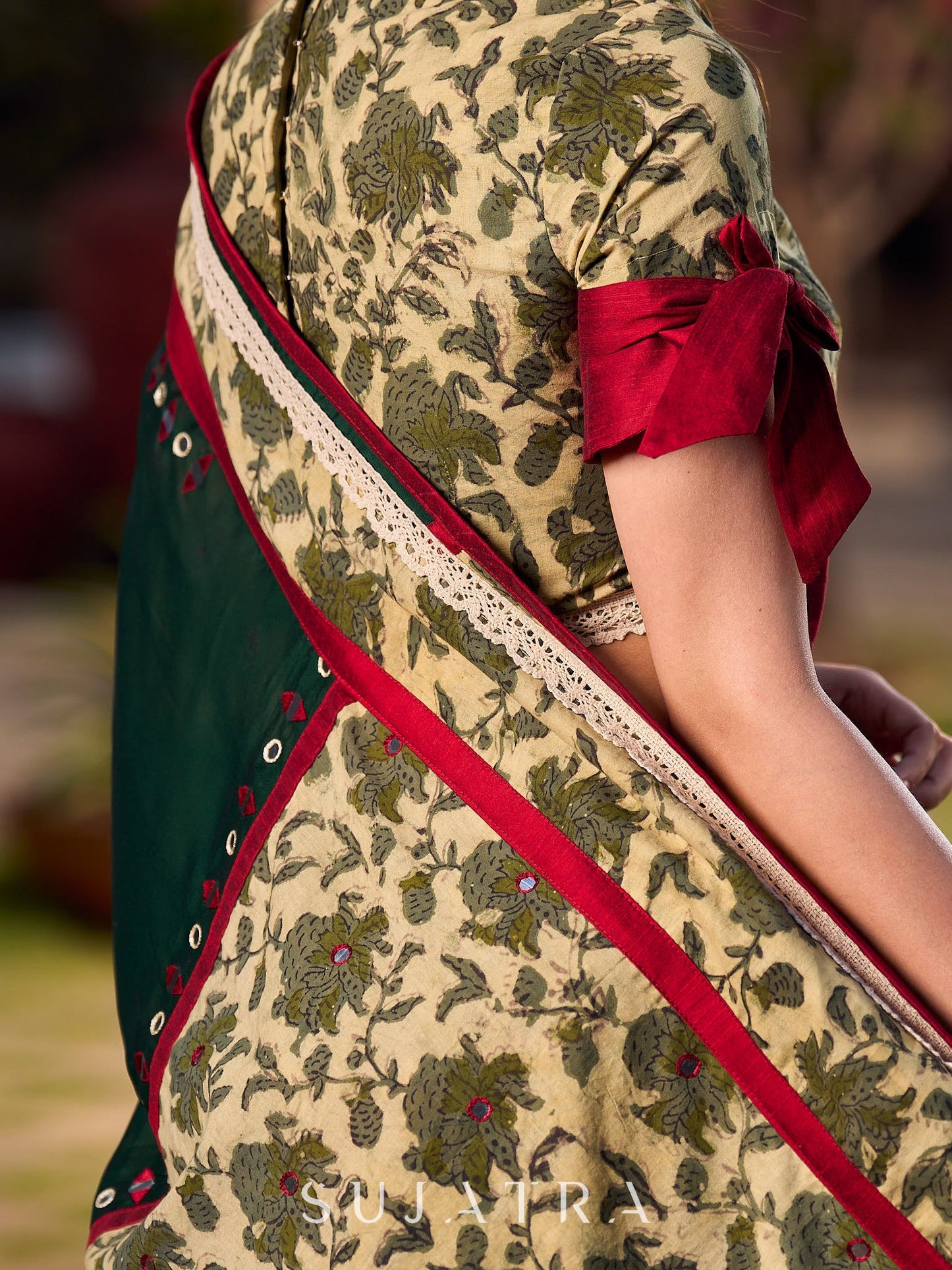 Lustrous Dark Green Silk Saree with Natural Floral Print Border