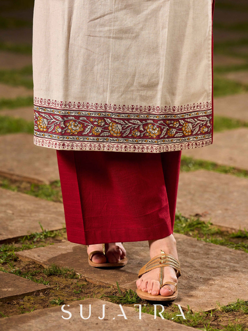 Minimal Off White Cotton Flex Kurta with Floral Hand Block Prints And Intricate Border
