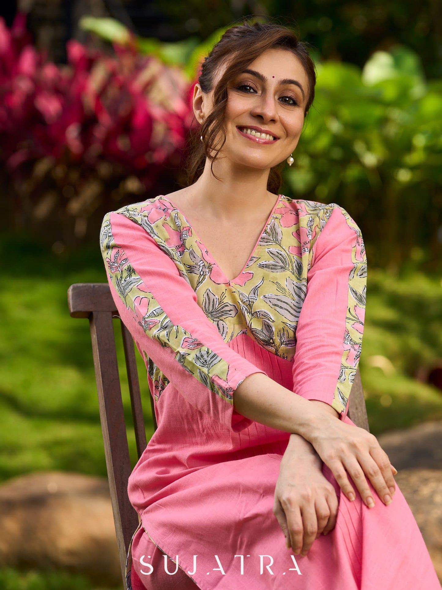 Charming Pink and Green Floral Kurta featuring Delicate Centre Pintucks