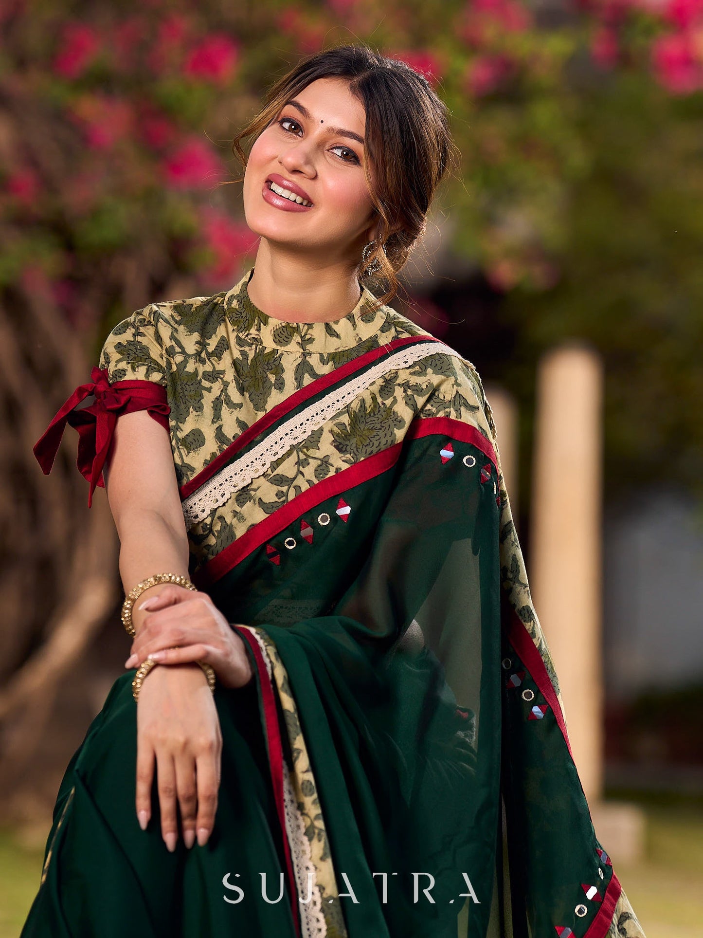 Lustrous Dark Green Silk Saree with Natural Floral Print Border
