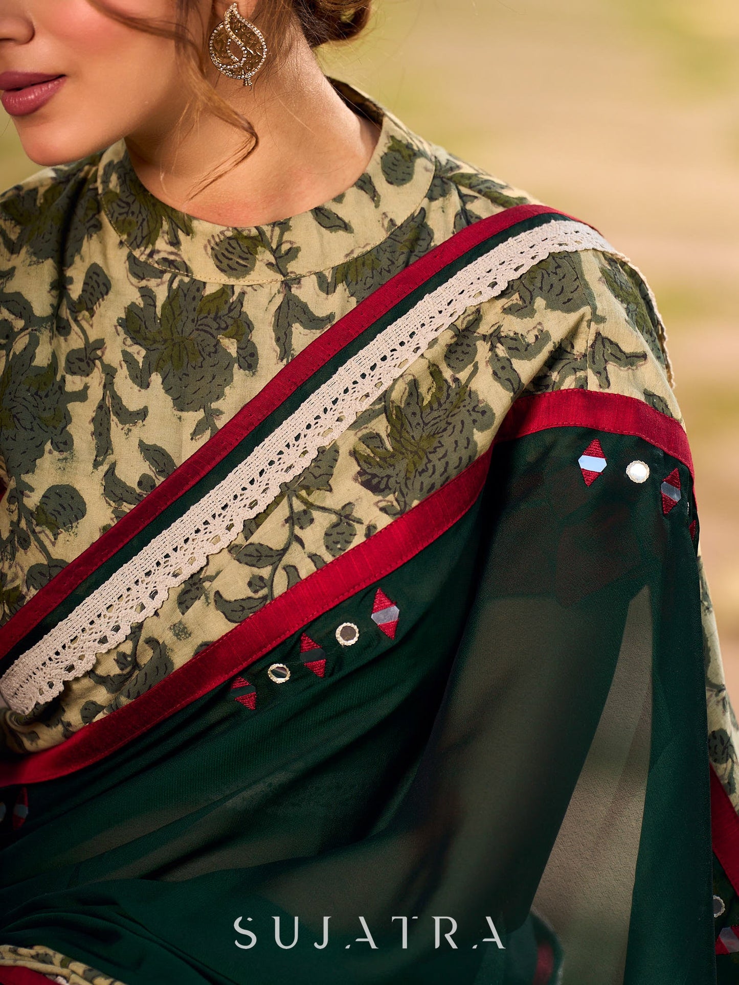 Lustrous Dark Green Silk Saree with Natural Floral Print Border