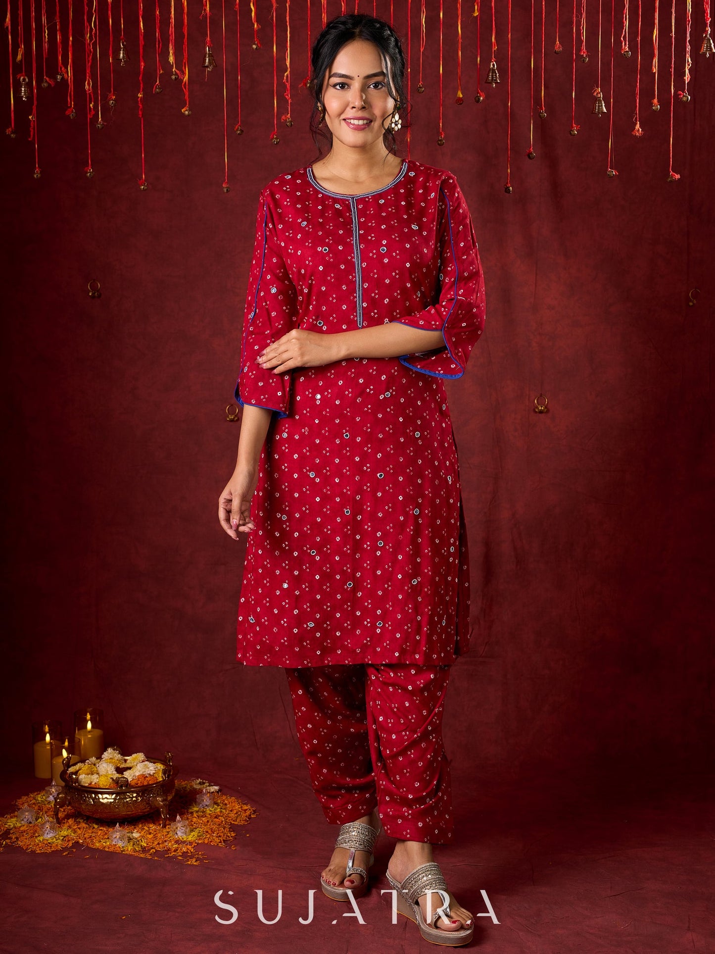 Hand-Embroidered Rayon Bandhani Kurta - Salwar n applique dupatta optional.