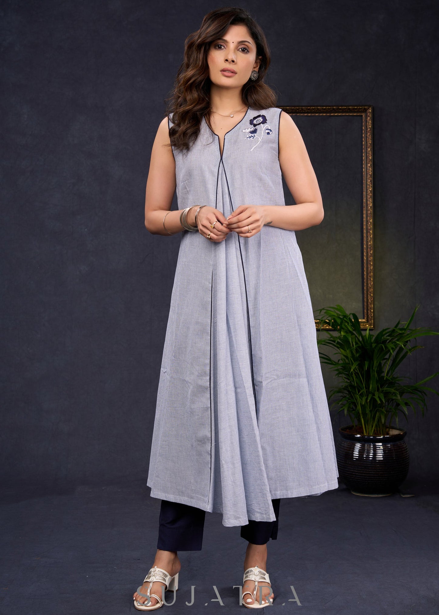 Elegant-Striped-Cotton-A-Line-Kurta-Highlighted-With-Beautiful-Floral-Motif--Pant-Optional