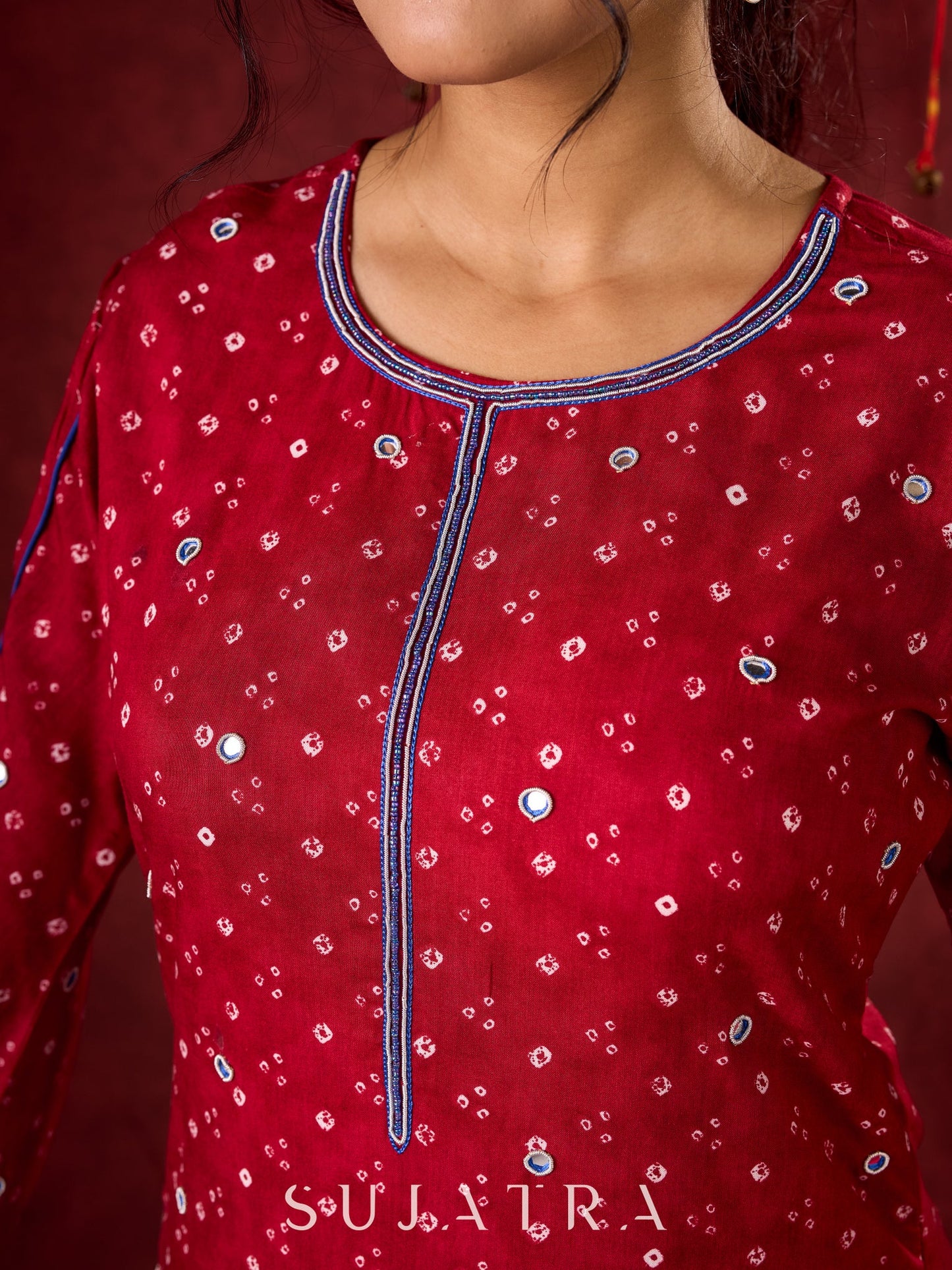 Hand-Embroidered Rayon Bandhani Kurta - Salwar n applique dupatta optional.