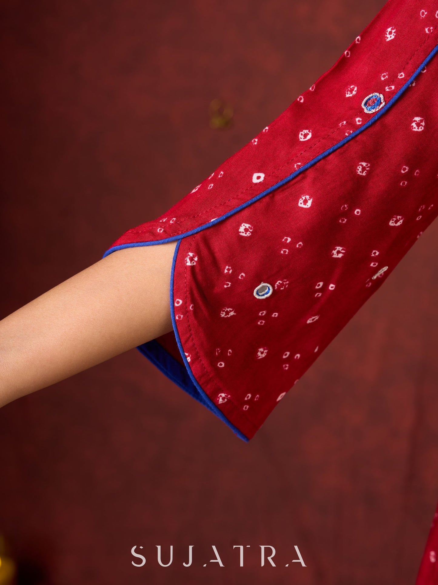 Hand-Embroidered Rayon Bandhani Kurta - Salwar n applique dupatta optional.
