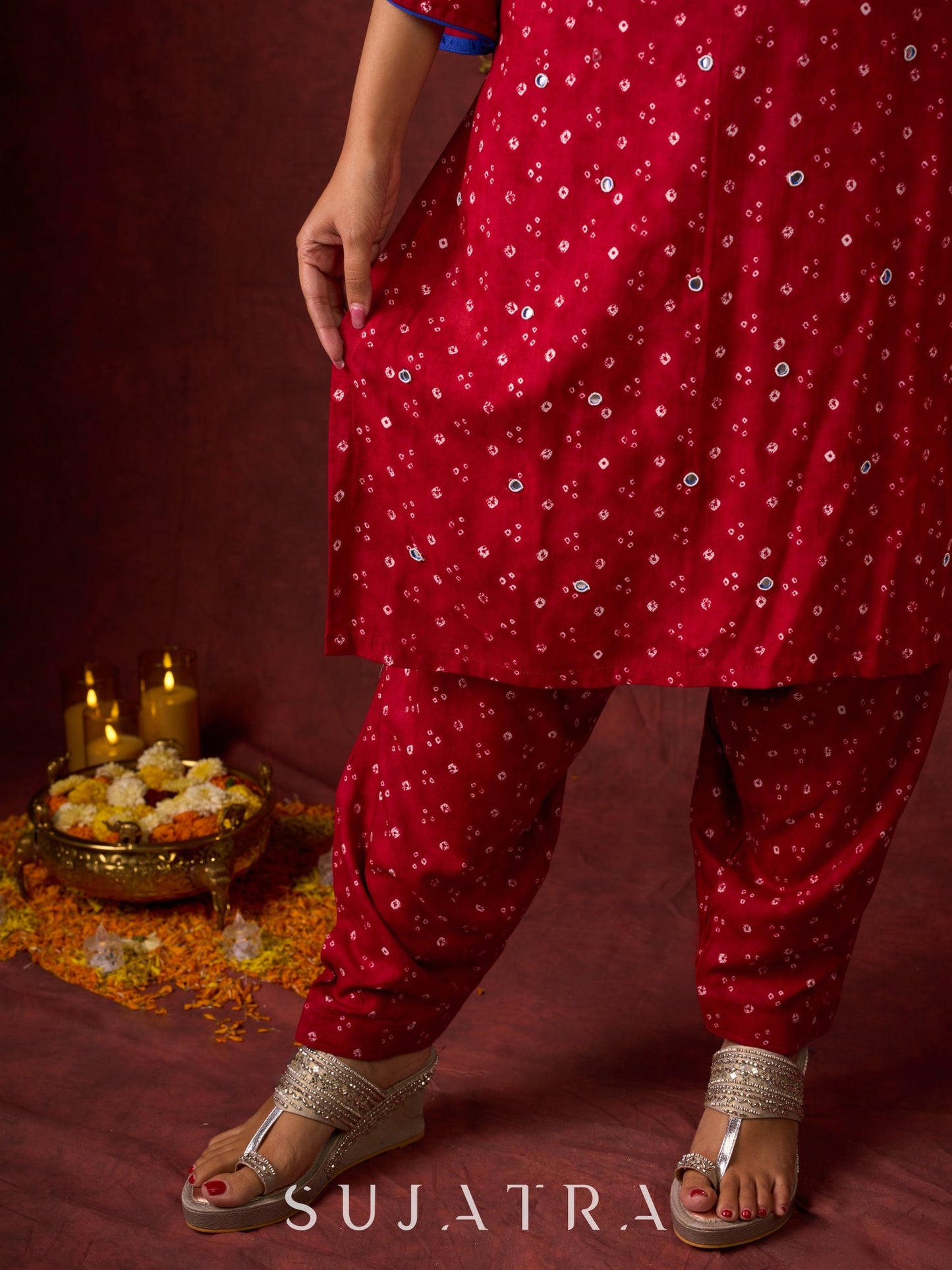 Hand-Embroidered Rayon Bandhani Kurta - Salwar n applique dupatta optional.