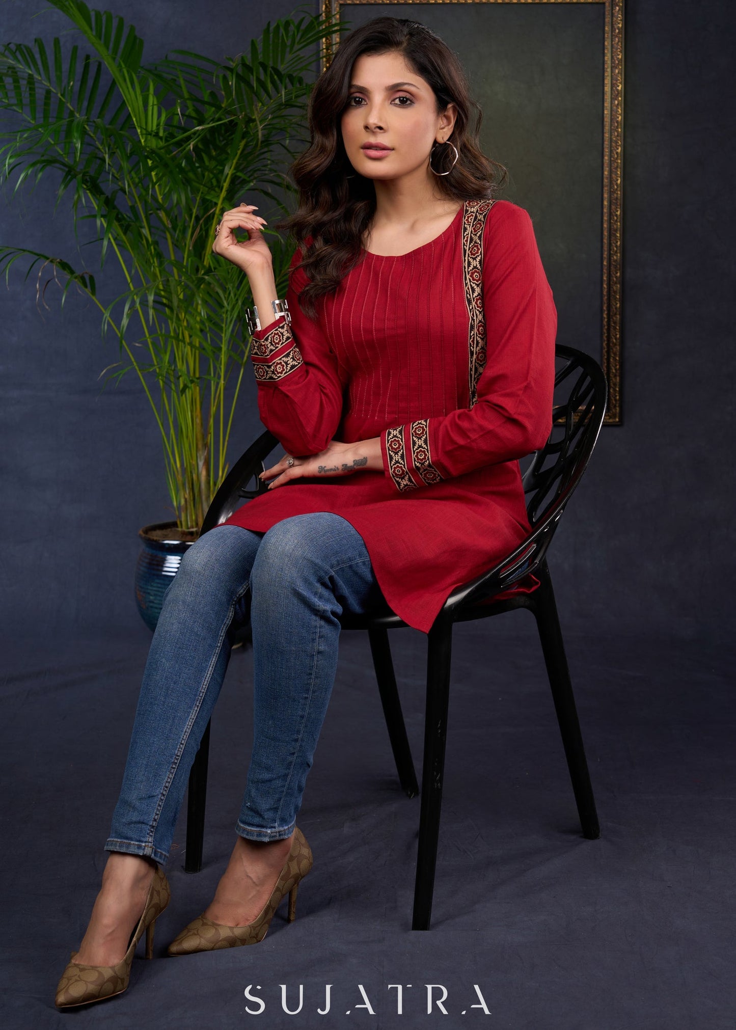Maroon Cotton Tunic With Stylish Pin Tucks And Vibrant Ajrak Patterns.