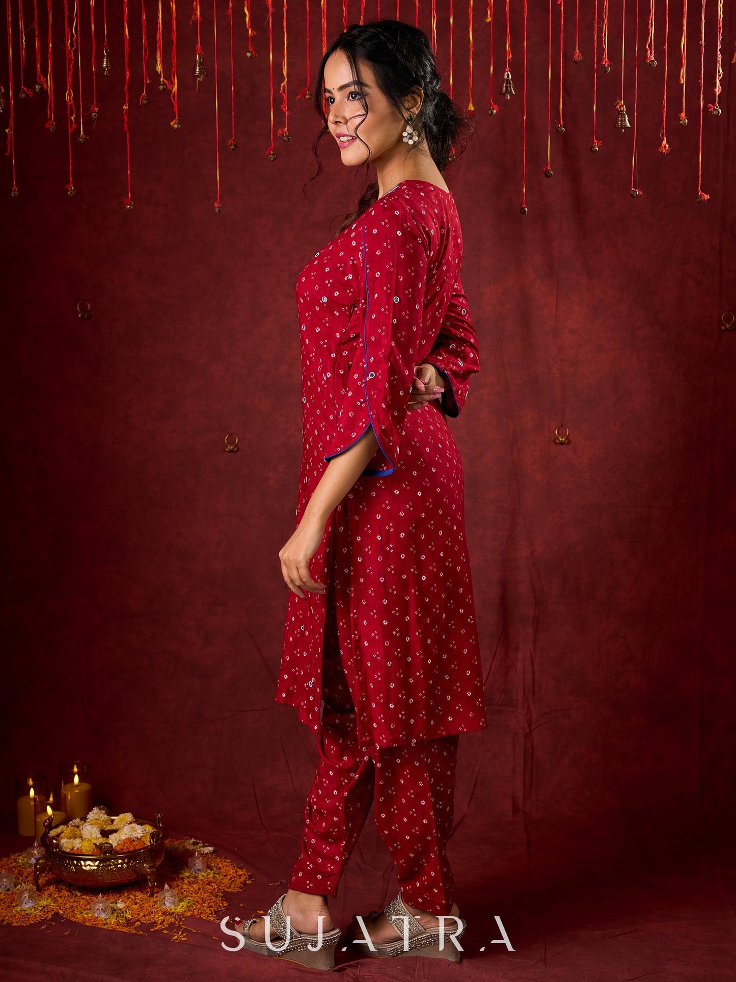 Hand-Embroidered Rayon Bandhani Kurta - Salwar n applique dupatta optional.