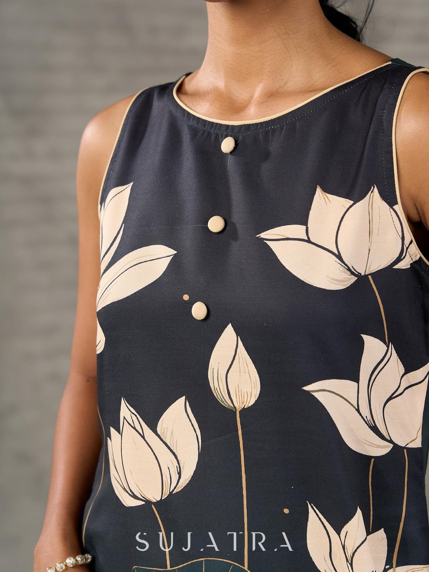 Bottle green and beige Pichwai lotus printed dress with beige accents