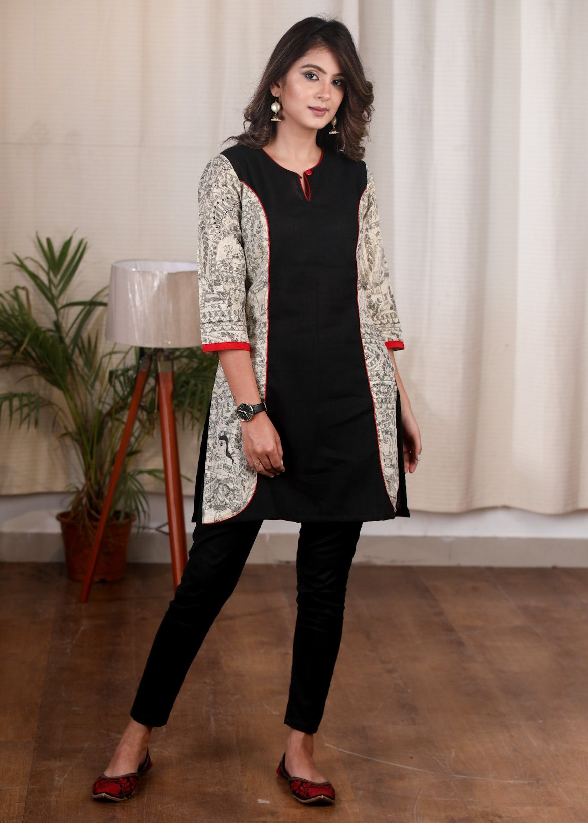 Black cotton tunic with Madhubani printed combination