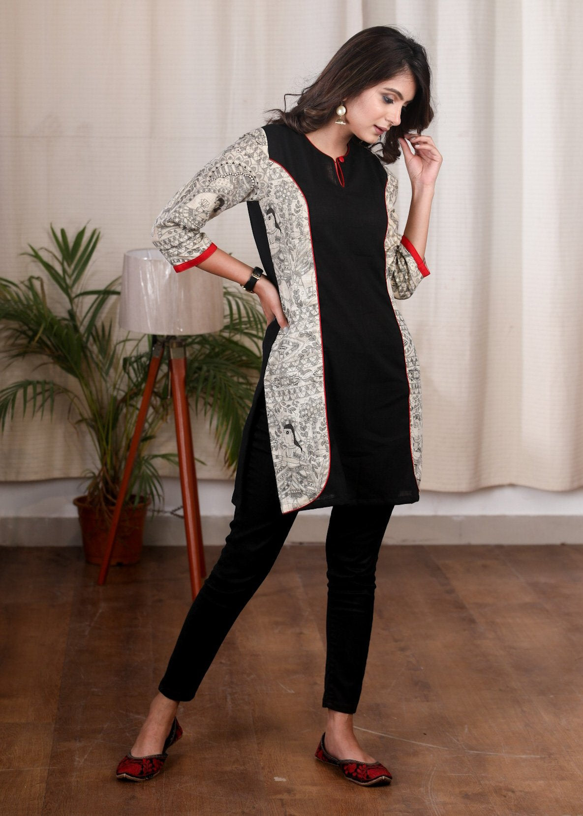 Black cotton tunic with Madhubani printed combination