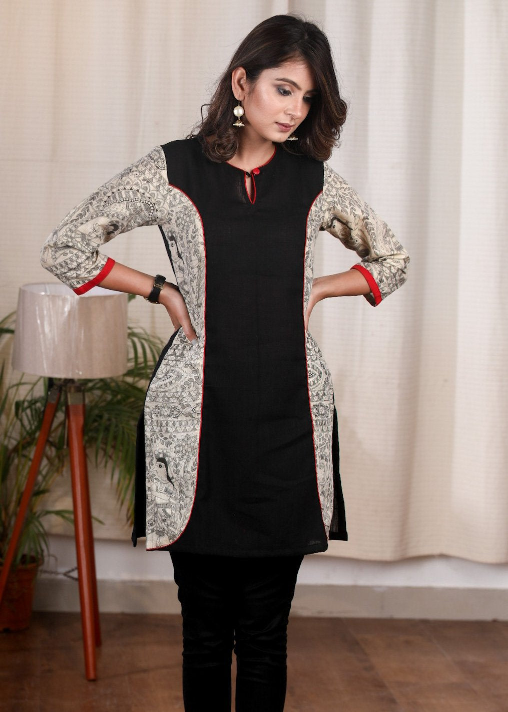 Black cotton tunic with Madhubani printed combination