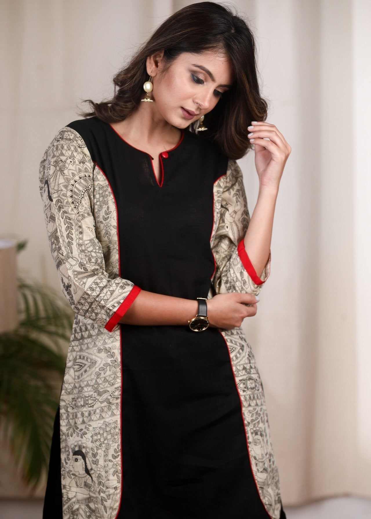 Black cotton tunic with Madhubani printed combination