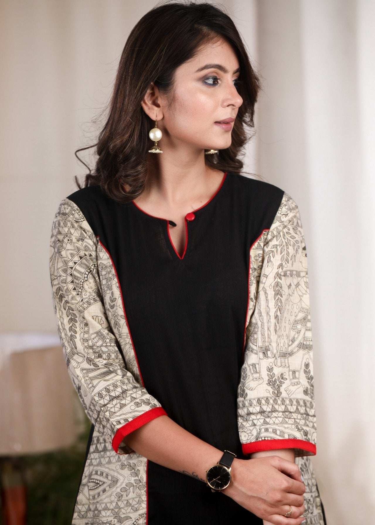 Black cotton tunic with Madhubani printed combination