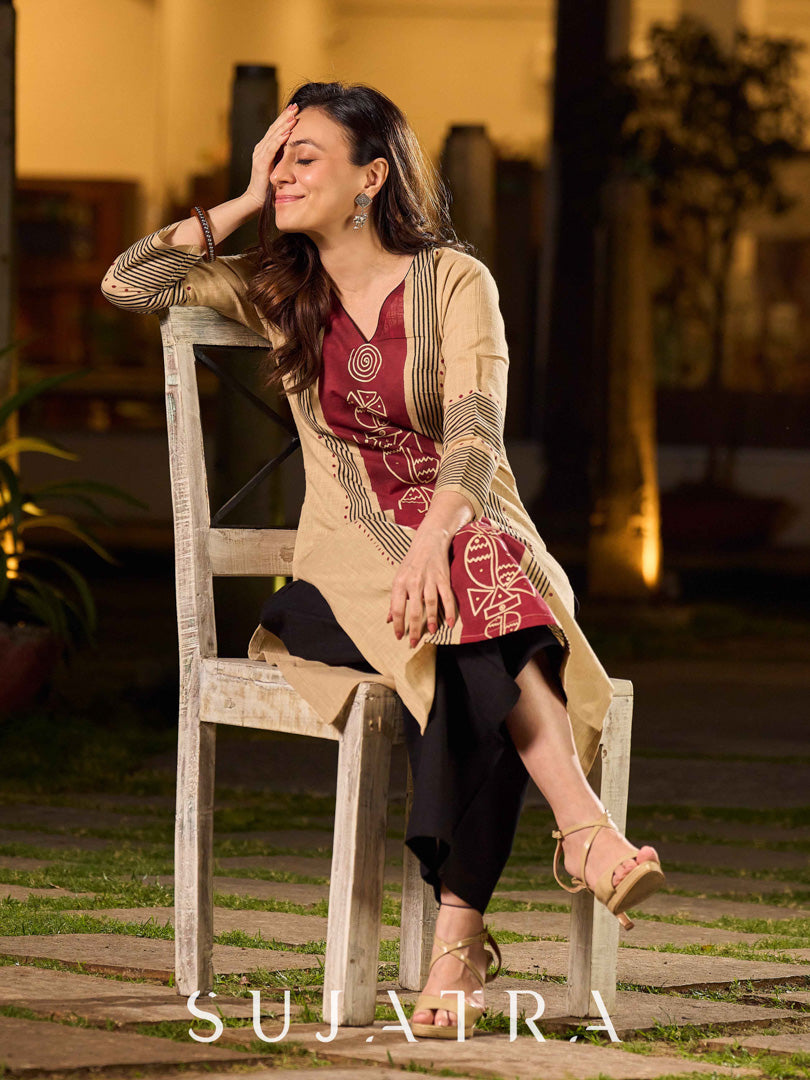 Artisan Beige Hand Block Printed Kurta With Bold Maroon Tribal Printed Panel