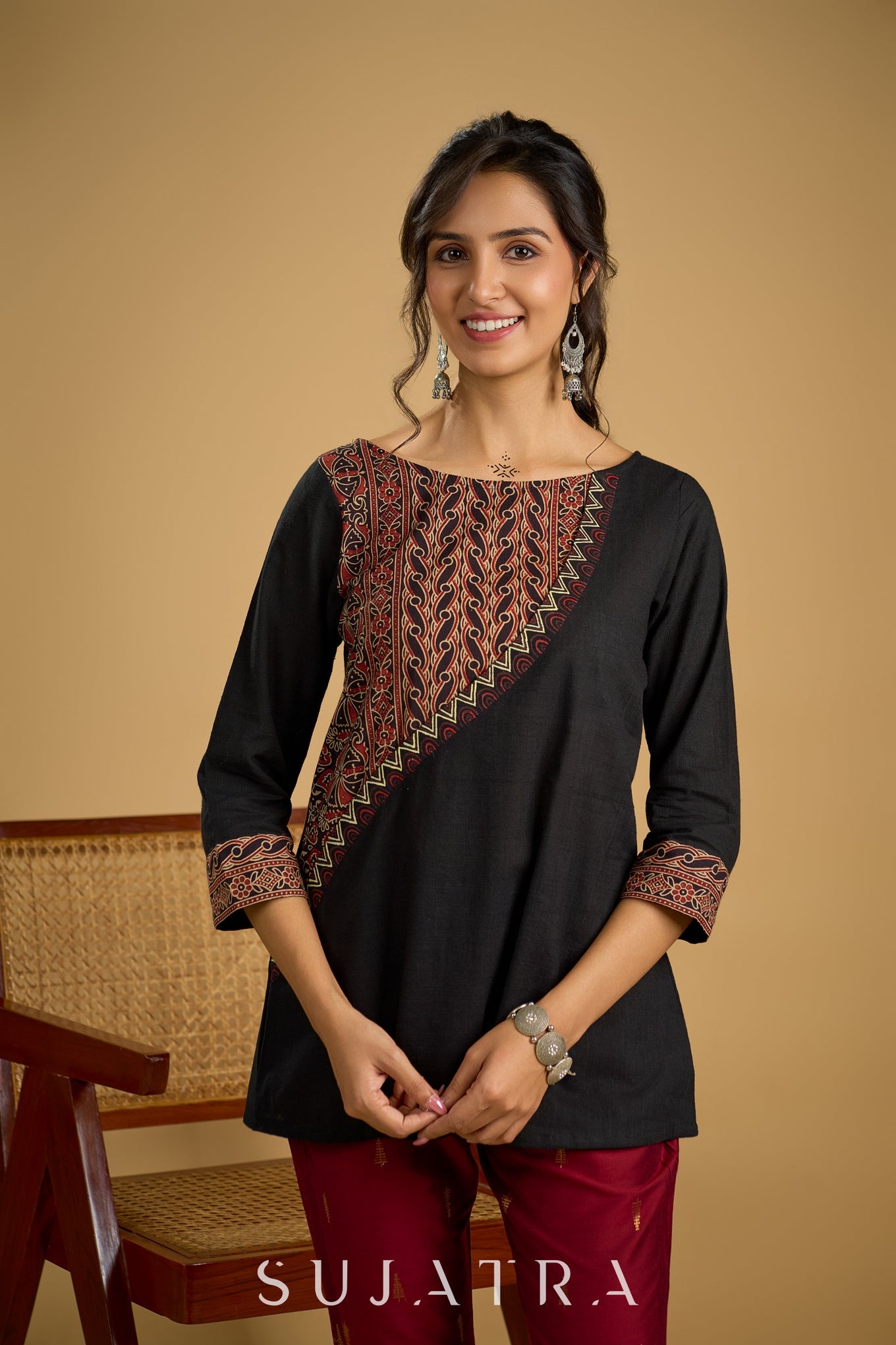 Graceful hand painted cotton ajrakh combination black top - Pant optional