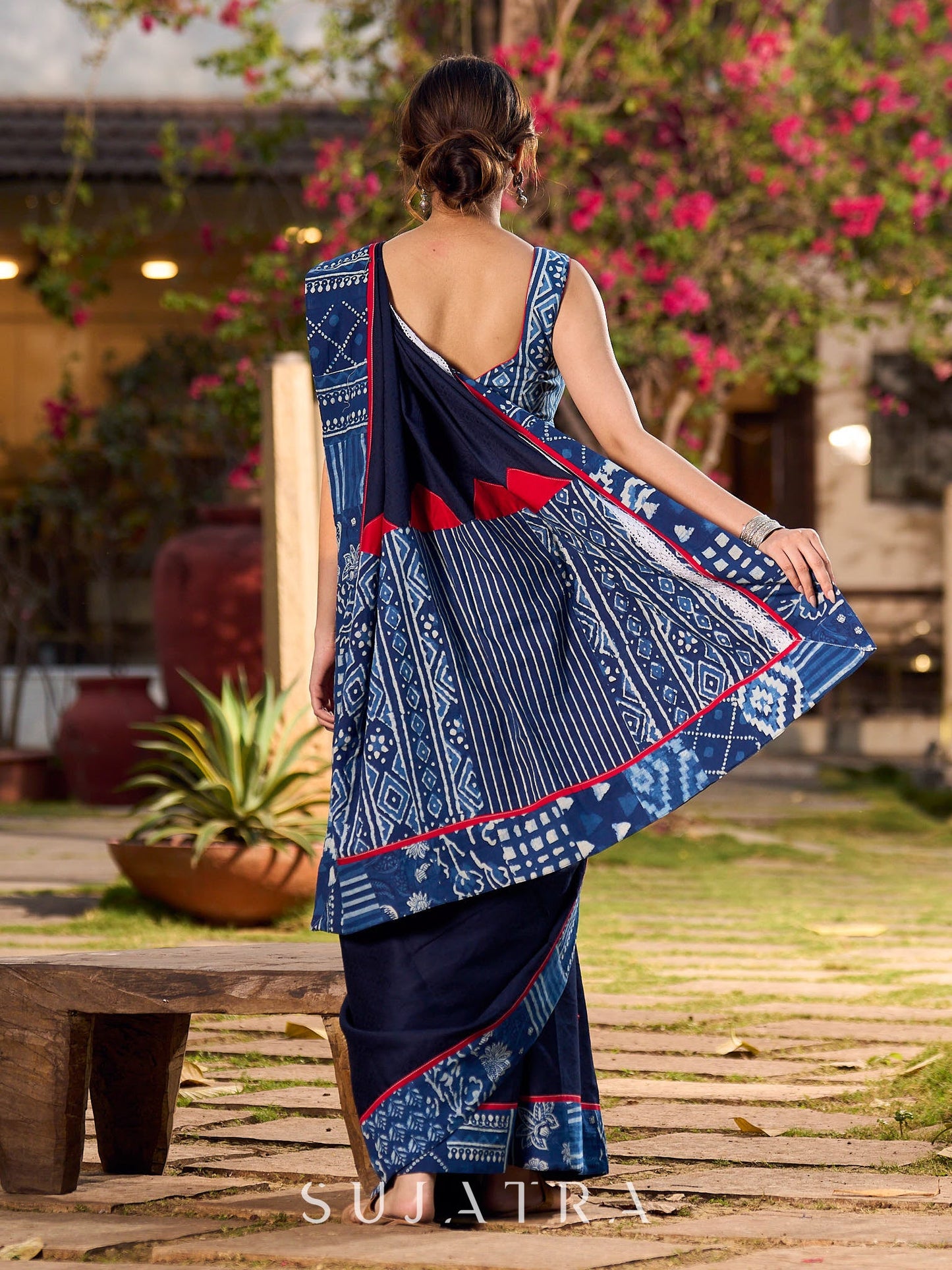 Designer Navy Blue Silk Saree with Handcrafted Indigo Contrast Patchwork Border